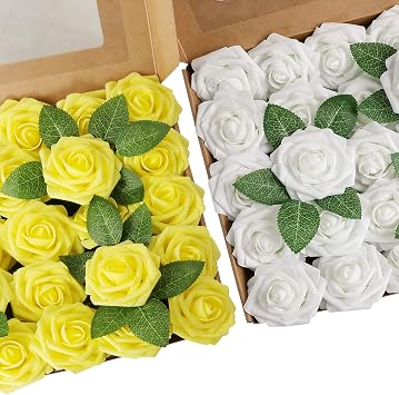 AmyHomie White and Yellow Rose 25pcs Real Looking Fake Roses w/Stem for DIY Wedding Bouquets Centerpieces Arrangements Party Baby Shower Home Decorations