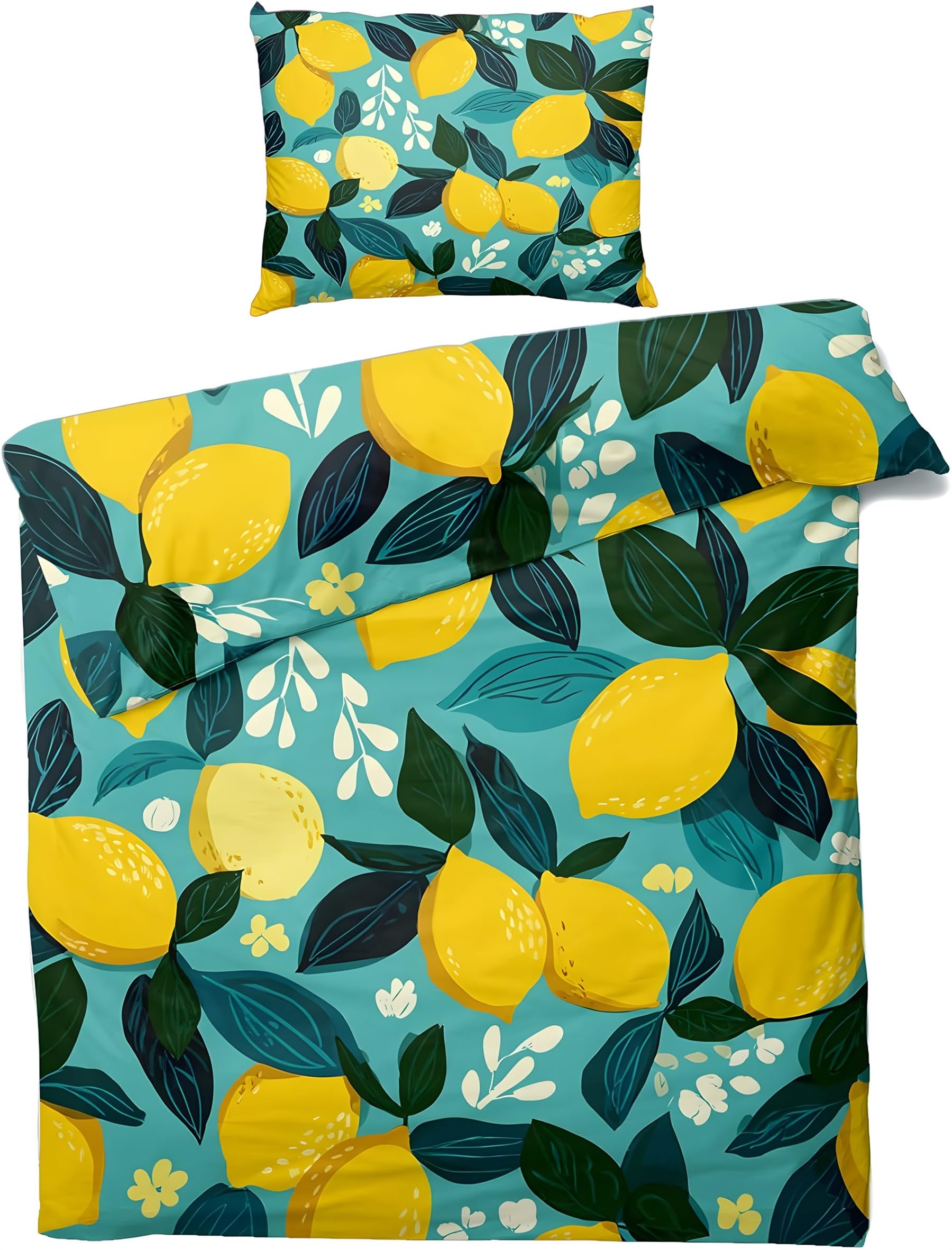 Housse de couette 220x240 citrons bleu lac avec 2 taies d'oreiller