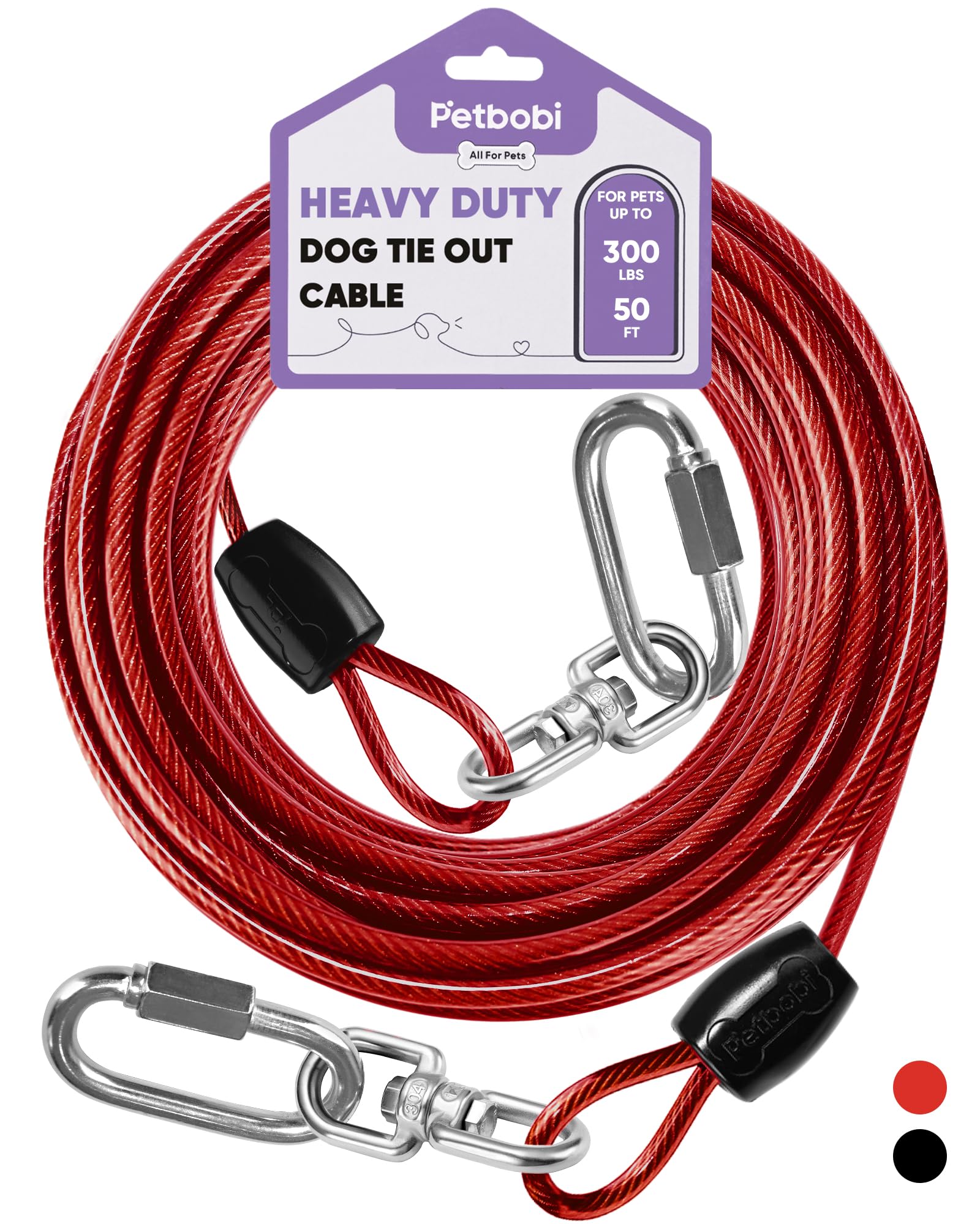 Petbobi Heavy-Duty Dog Tie-Out Cable - 50FT Extra Strong Wire Cable for Large Pets Up to 300Lbs, Rust Proof Dogs Leash with Carabiners and 360° Swivel