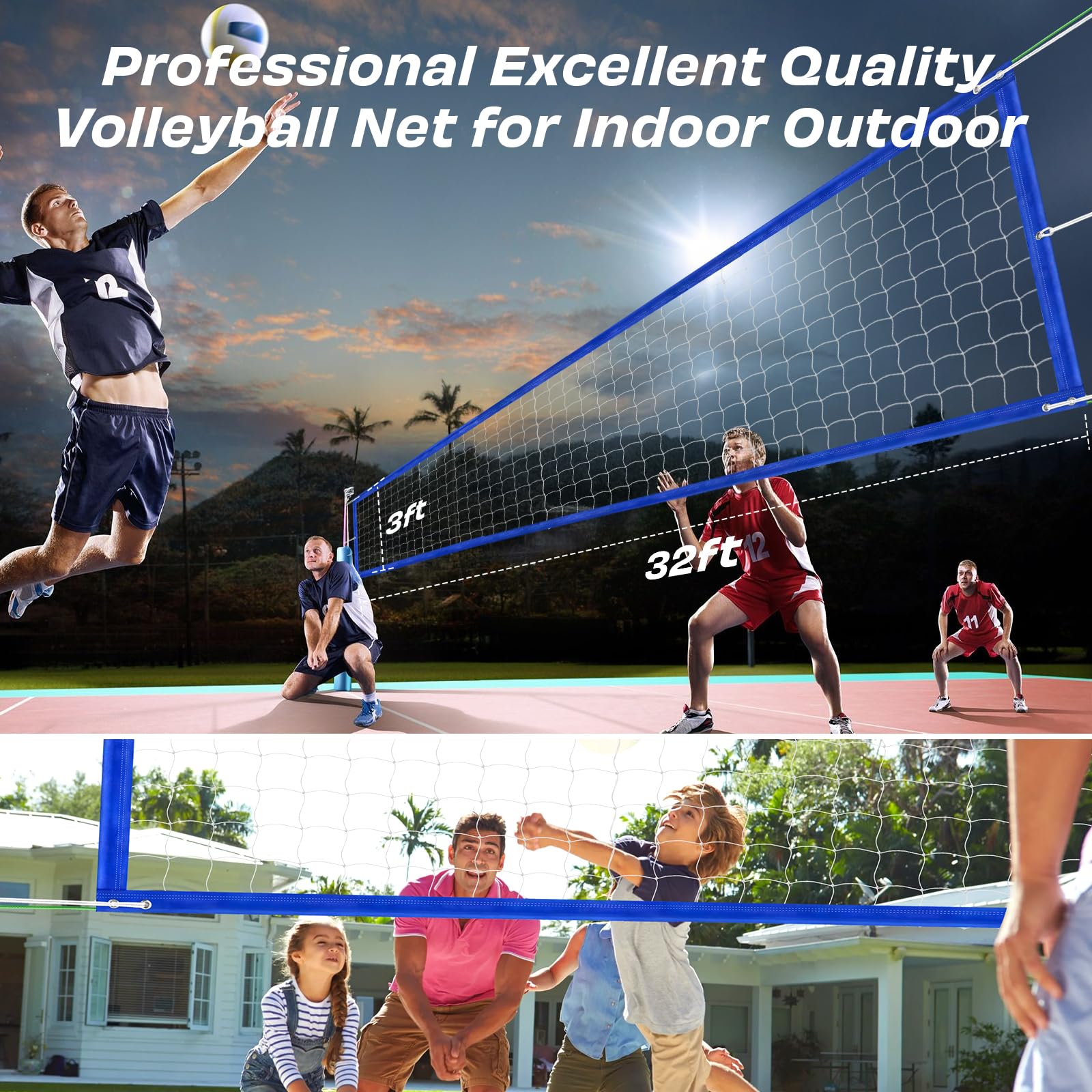 Filet de volley-ball professionnel très résistant, résistant aux intempéries, 10 œillets, bords en nylon 600D épais à double couture, câble métallique étendu pour arrière-cour, campus, plage, piscine