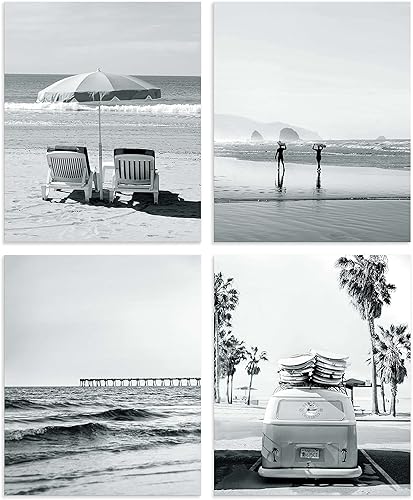Arte de pared costero para decoración del hogar, juego de 4 elegantes escenas de California en blanco y negro, arte retro para automóvil, silla de