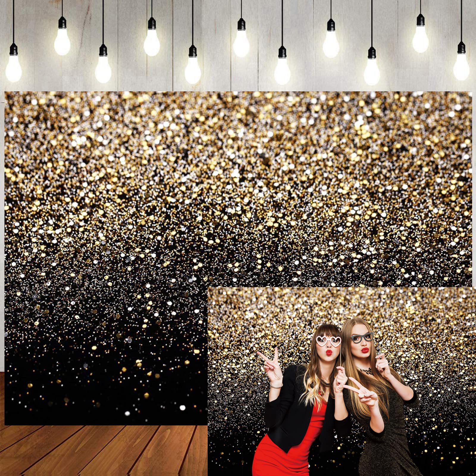 LTLYH Gold Glitter Effect Backdrop 10x8ft – Black and Gold Vinyl Photography Background for Birthday Party, New Year, Wedding, Glam Photo Booth