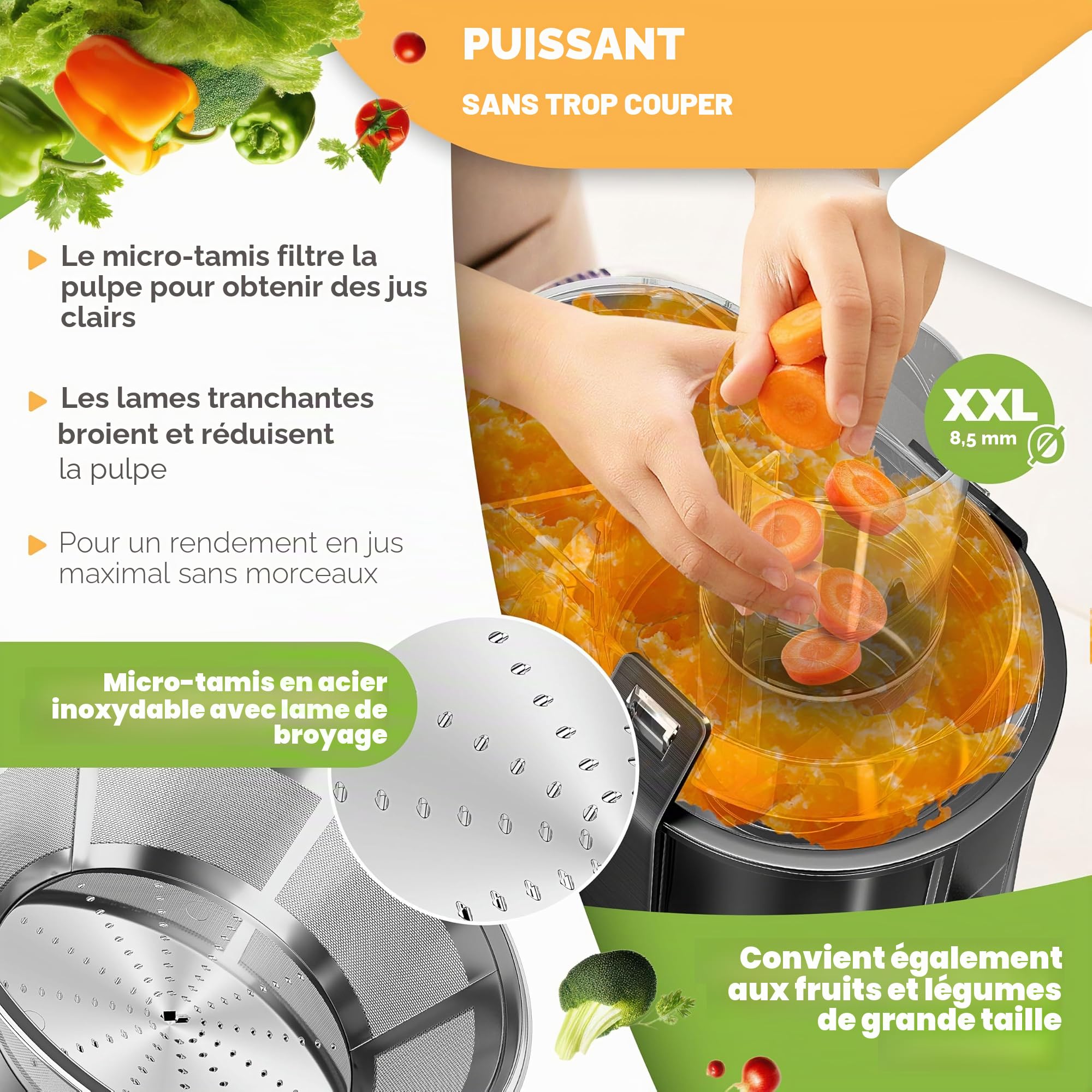 KESSER - Centrifugeuse en Inox Fruits et légumes 1100W, Extracteur de jus, Capacité 1L, Ouverture 85mm