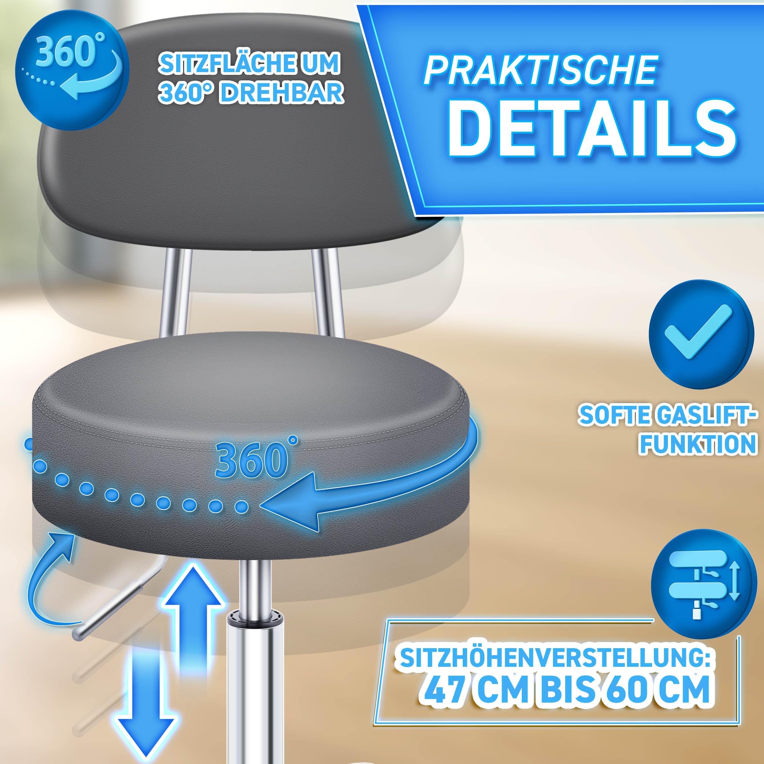 TRESKO® Rollhocker mit Lehne Grau | Arbeitshocker höhenverstellbar 46-58 cm | Drehhocker mit Rollen | Bürostuhl Hocker Drehstuhl Kosmetikhocker