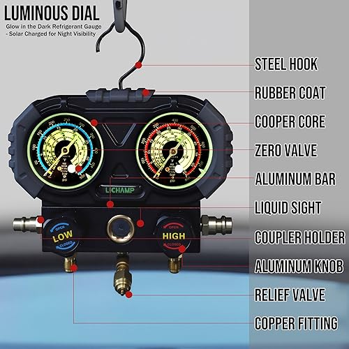 Miniatura 2 de Lichamp AC R134A - Juego de manómetros de colector automotriz compatible con refrigerantes R32 R134A y R410, funciona en carga y evacuación de freón