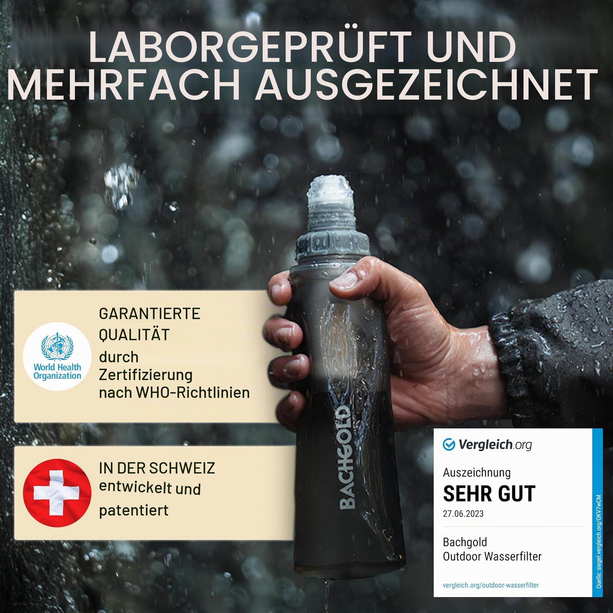 Bachgold® Outdoor Wasserfilter Set – Profi Filterflasche 500ml & Squeeze Filter 1000ml – Entfernt 99,99% Bakterien, Viren & Mikroplastik, Perfekt für Camping, Wandern, Survival & Notfälle