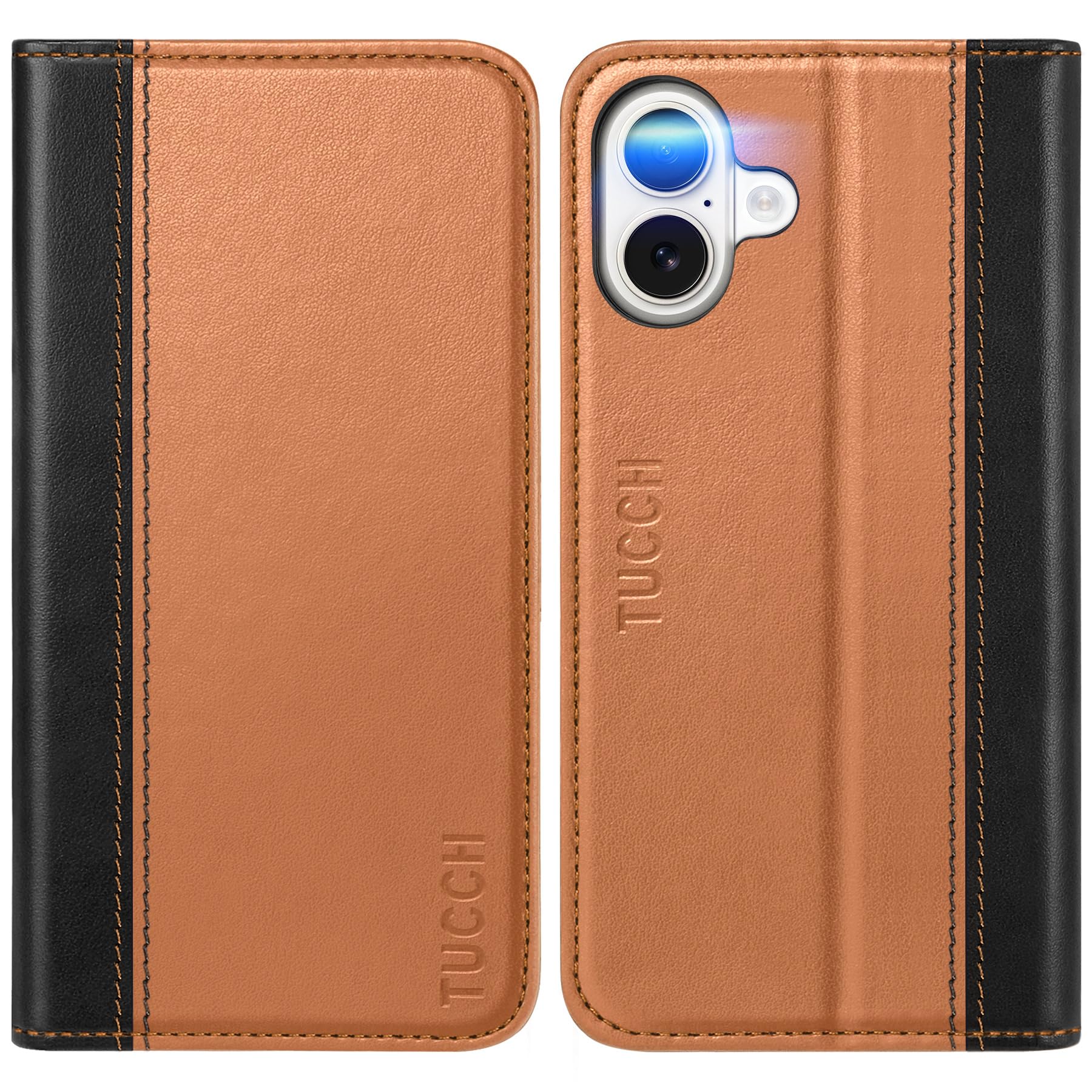 Coque iPhone 16 Plus Premium TUCCH Etui en Cuir Synthétique Finition Noir & Brun