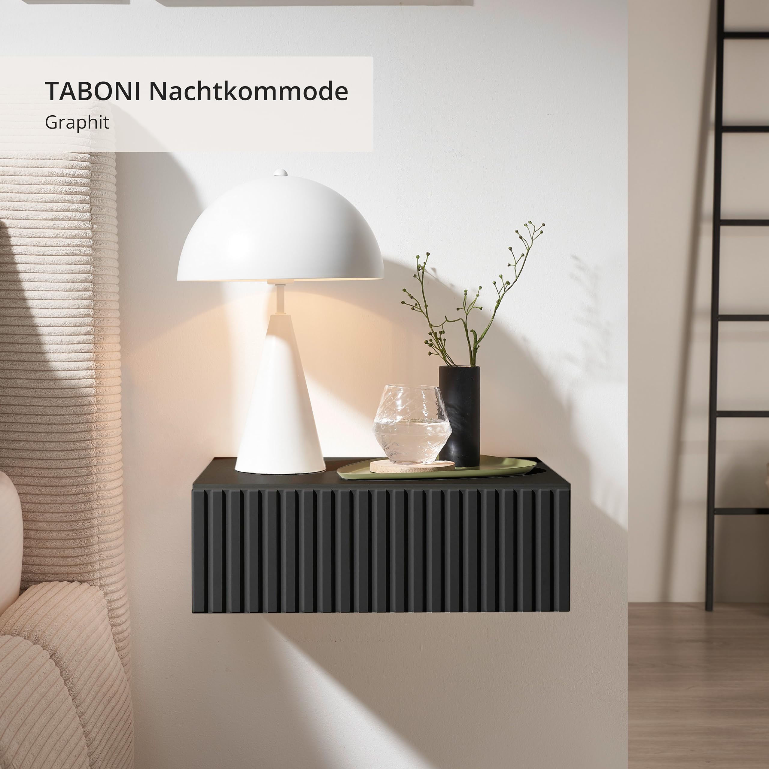 TABONI Nachttisch hängend Graphit Schwebender Nachtschrank 1 Schublade | 42 x 14 x 30 cm (B/H/T), Schlafzimmer, Push-to-Open-System, grifflose Front, Melamin Korpus, mit Stauraum