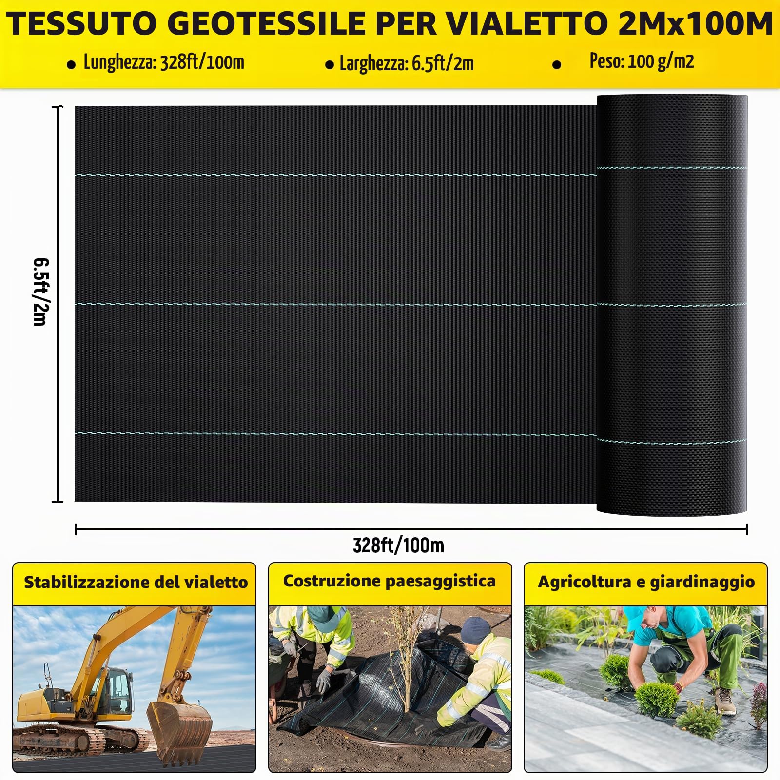 VELPAX Telo Pacciamatura,2 x 100 m, Nera per Il Controllo delle Erbe infestanti 100 Gr/mq,Tessuti permeabili per Giardini e orti