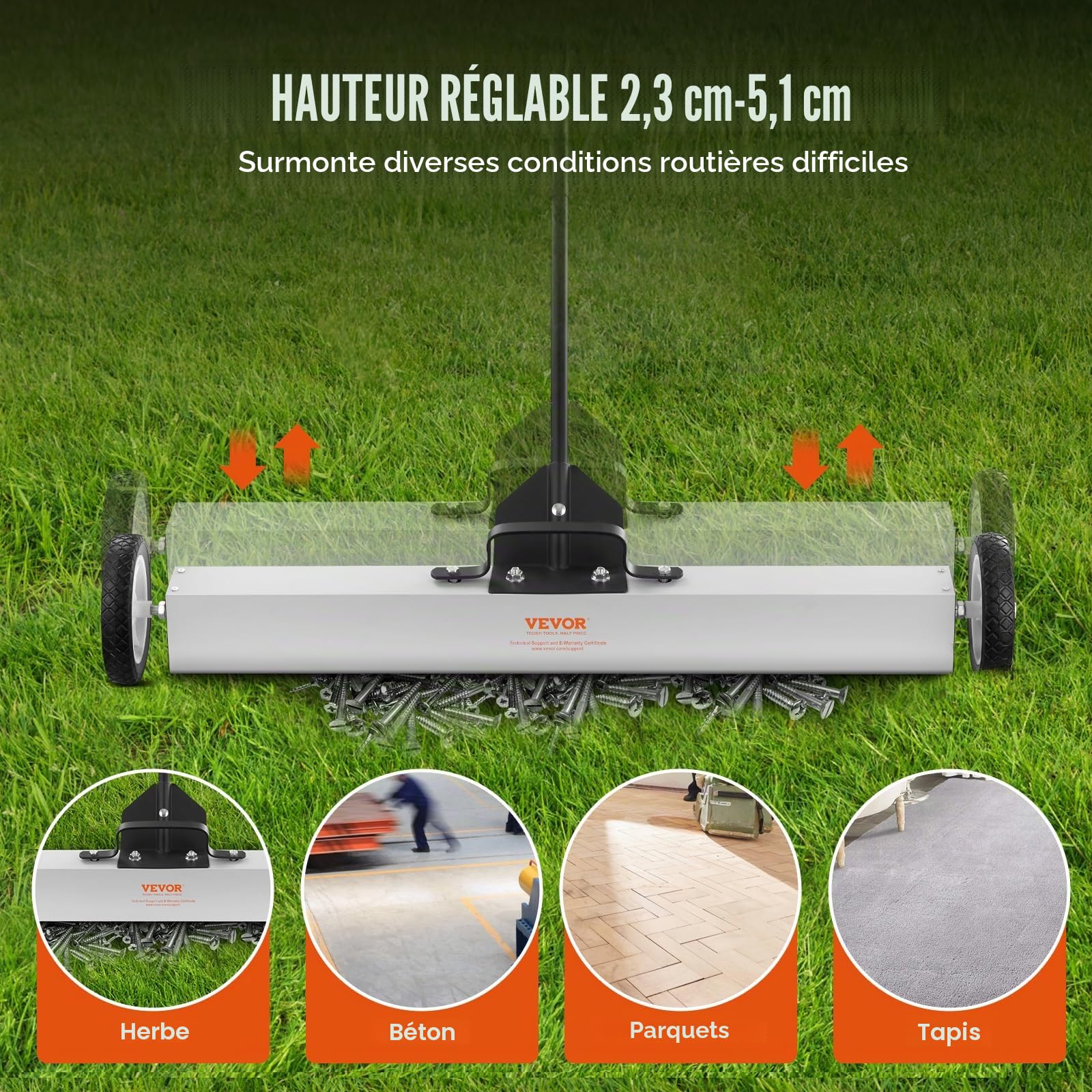 VEVOR Balayeuse Magnétique 24,9 kg Balai Magnétique Télescopique 77-113 cm 745 mm avec Roues