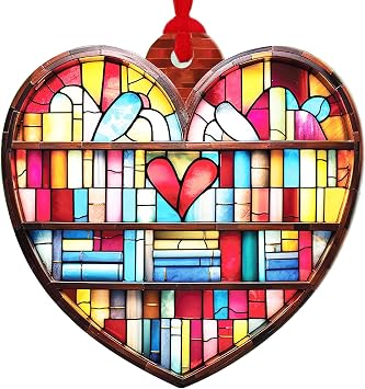 Jabihome Book Ornament for Christmas Tree, Book Lover Gifts for Women, Window Hanging Bookish Present for Reader, Nerd, Librarian, Acrylic Sun Catcher, Printed Stained Glass Effect, Bookclub Decor
