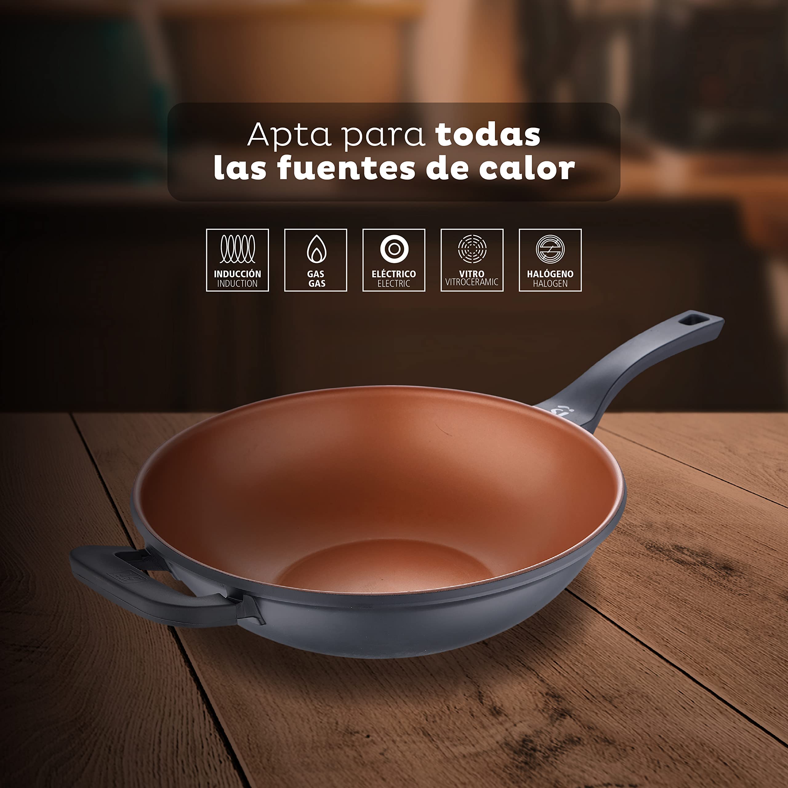 SAN IGNACIO Bronze - Wok de Cocina de 32 cm Antiadherente de Aluminio Fundido - Mango Soft Touch - Sin Tóxicos - Para Inducción, Vitroceramica y Todo Tipo de Cocinas