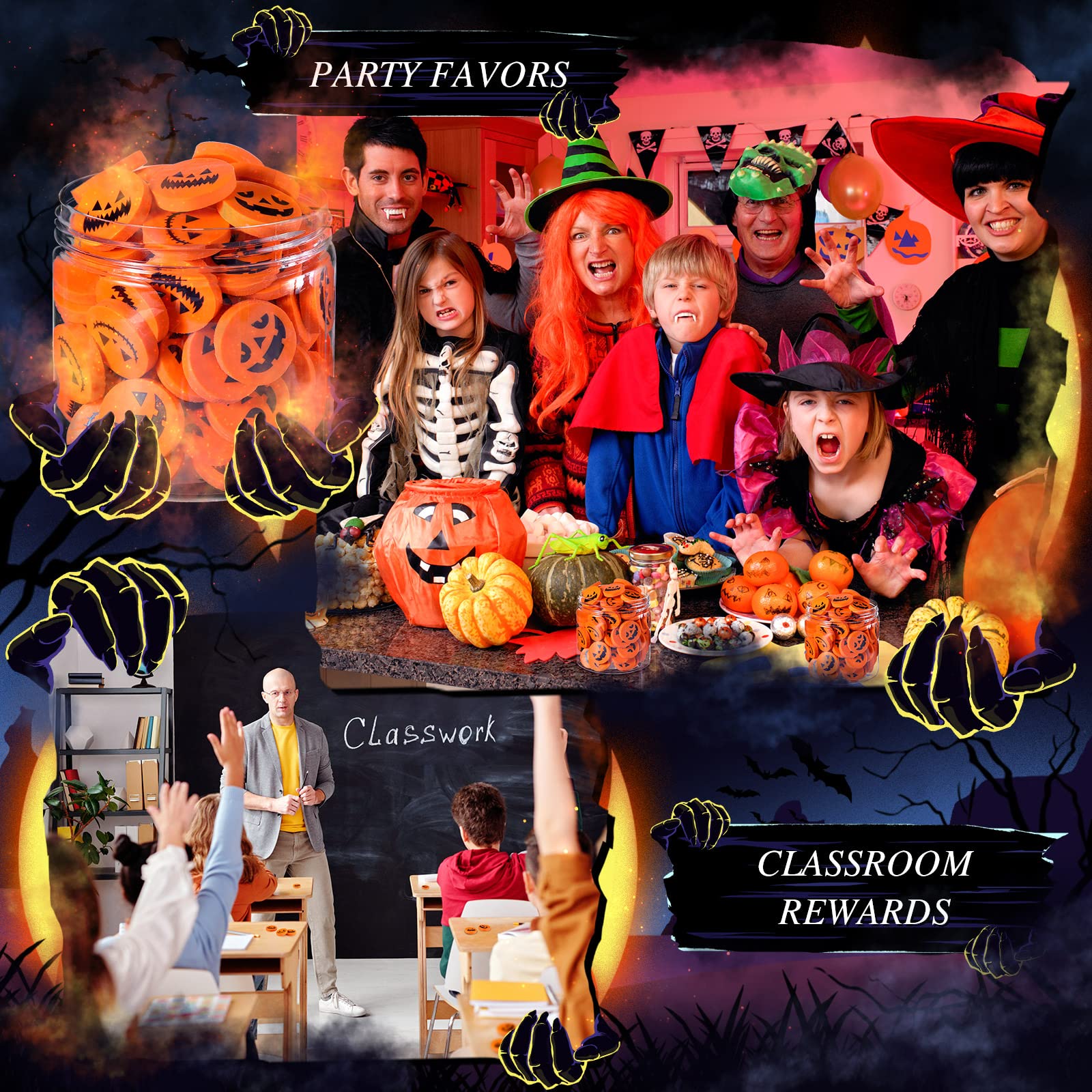 50 Mini Gommes Halloween Citrouille - Taille ~2,1x0,6 Cm, Matériau TPR - Cadeaux Fête, Récompenses Classe, Fournitures Scolaires