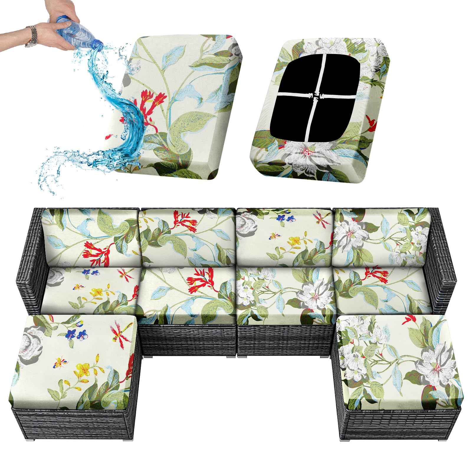 Sfcover 1/2/4/6 Pack Outdoor Sofa Cushion Covers Waterproof Stretch Garden Furniture Seat Back Cover Patio Upholstery Silpcover Replacement Set for Rattan with 4 Adjustable Laces (spring,1)