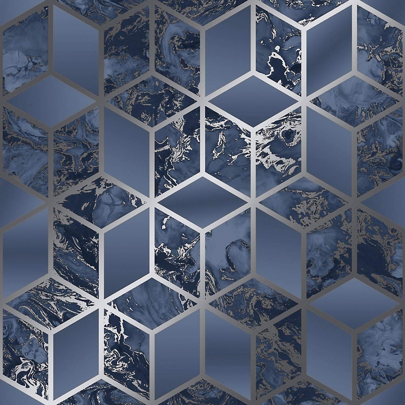 Yöl Navy & Silver Geometric Cube Liquid Marble Navy Silver Wallpaper Elixir Metallic Modern