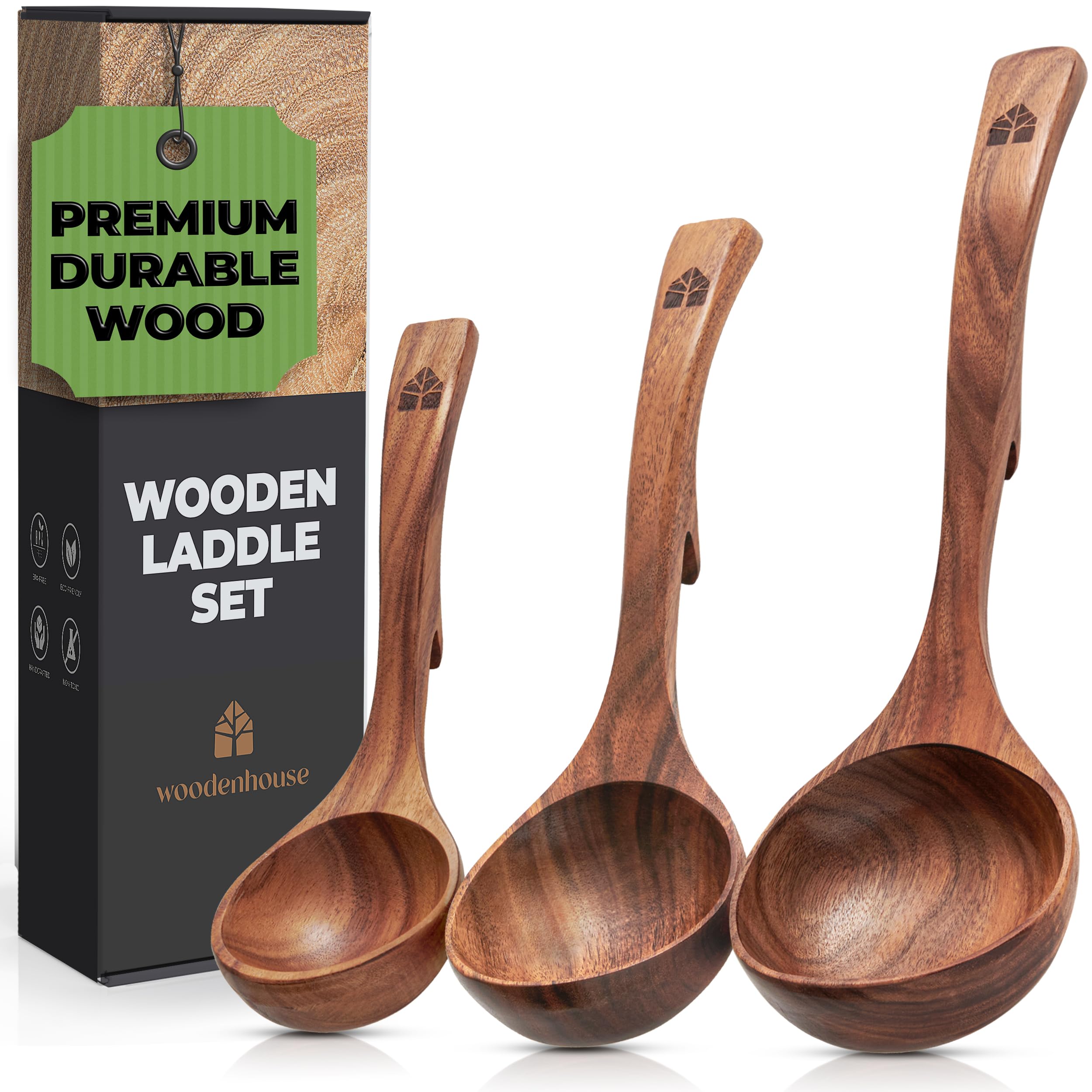 Ustensiles de Cuisine Bois en Teck – Ensemble 12 Pièces avec Cuillère, Spatule, Pot & Repose-Cuillère + Lot de 3 Louches avec Crochet – Anti-Rayures, Résistants à la Chaleur