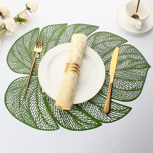 Miniatura 8 de Juego de 8 manteles individuales de vinilo en forma de hoja verde para mesa de comedor, manteles individuales de plástico metálico verde, lavables,