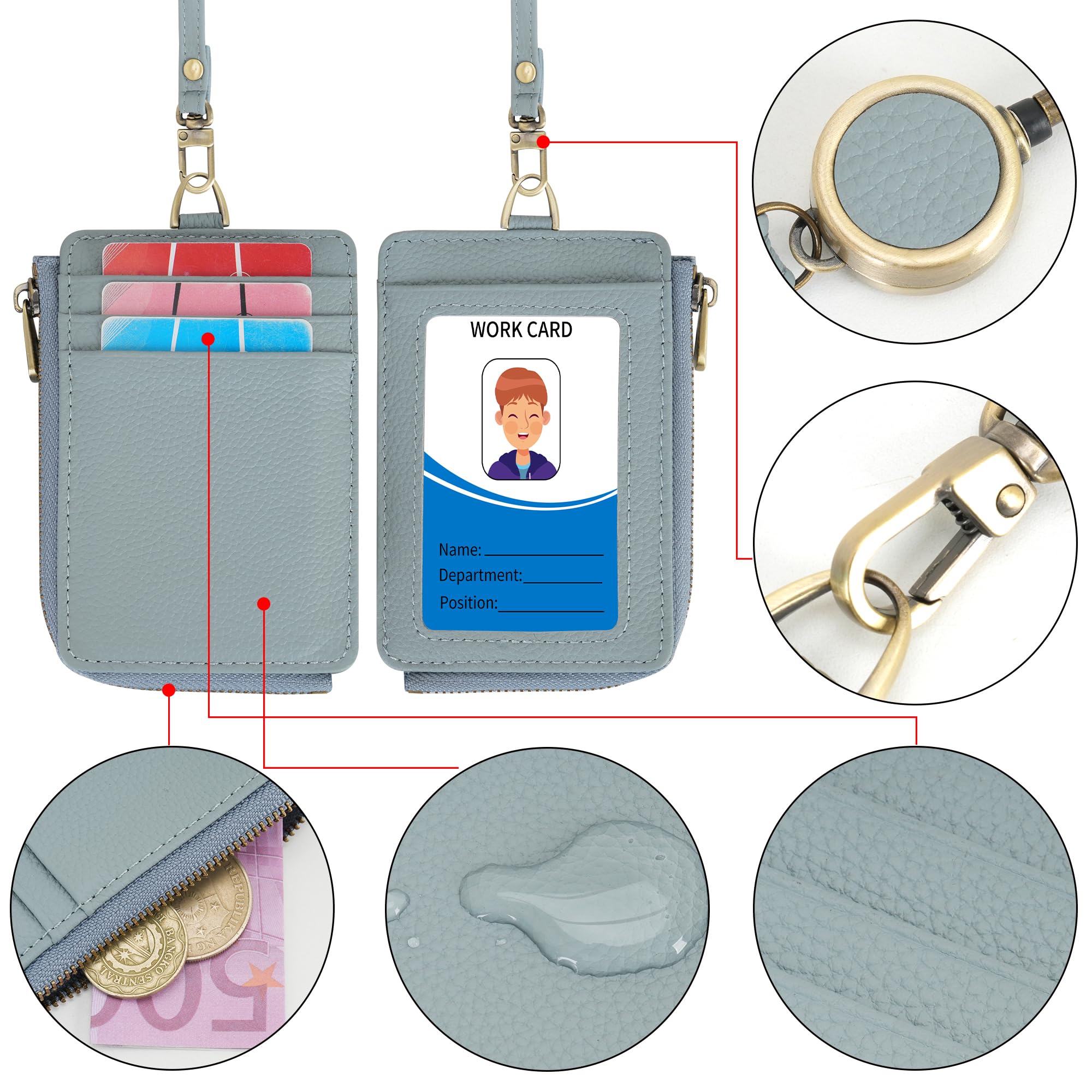 Wason Real Leather Badge Holder with Zipper Wallet, Detachable Neck Lanyard, Hand Strap, Retractable Badge Reel - Image 4