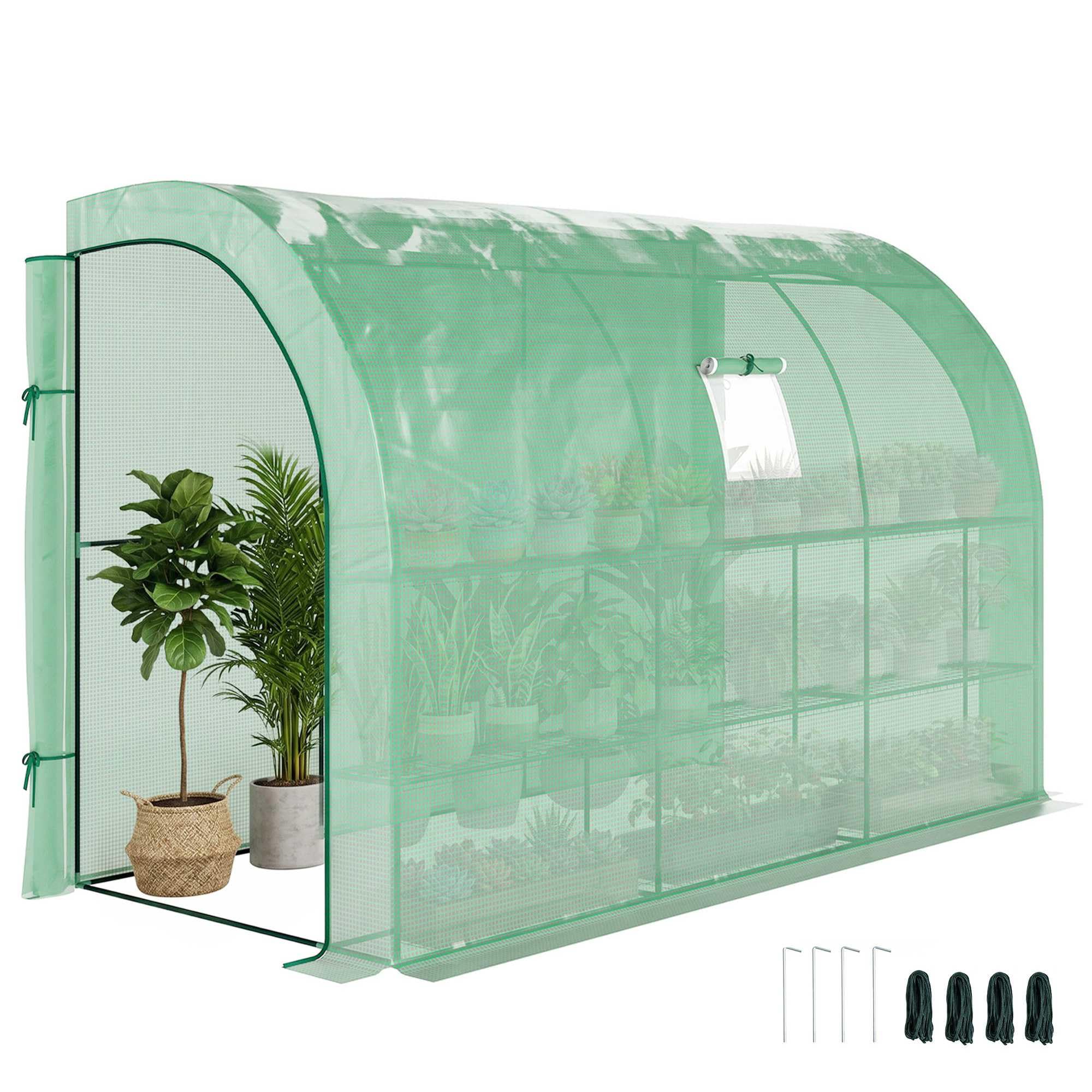 Outsunny Invernadero adosado con Ventanas y Puertas, Verde | Invernadero exterior, 3 estantes de alambre, 300x150x213 cm