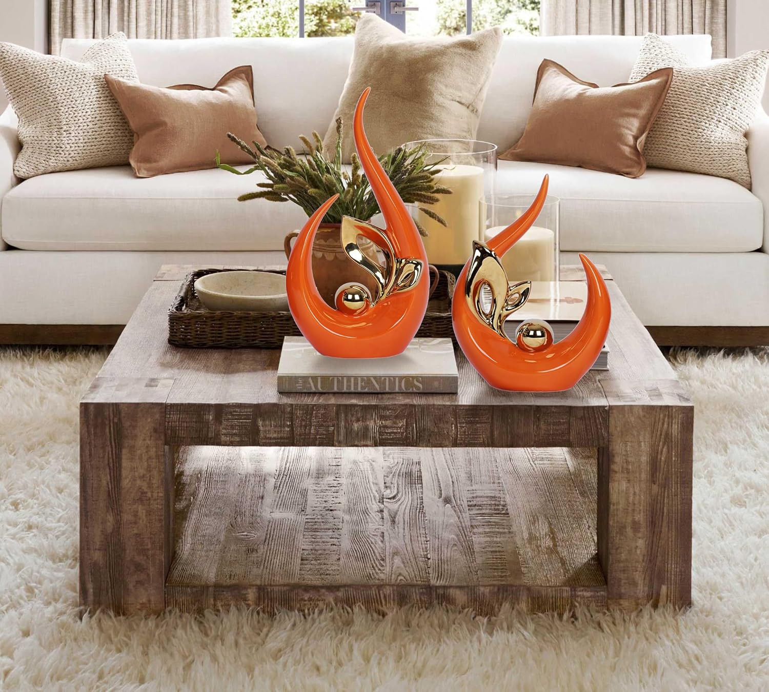 2 PCS Orange & Gold Mid Century Modern Decor Ceramic Statue - Dining Table Decorations & Centerpieces for Tables, Entryway, Kitchen, Shelf, Bookshelf - Image 2
