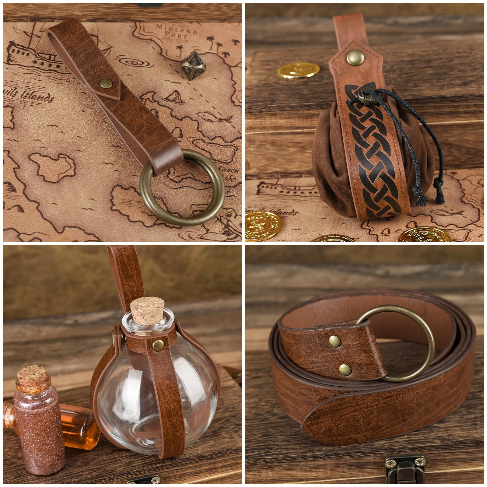 EpicCos Mittelalterliche Renaissance Kostüm Gürtel, Retro Zubehör mit Leder Beutel Getränk Flasche Rock Clips für Ren Faire Cosplay