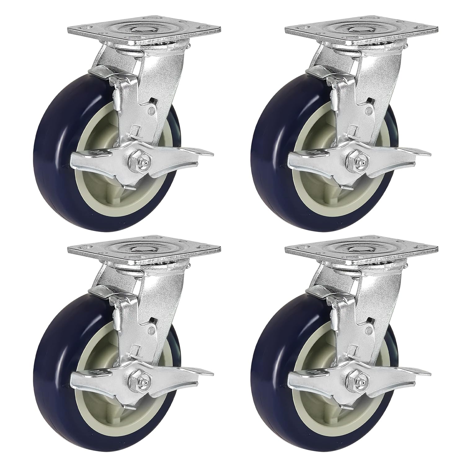 6 inch Heavy Duty Casters -Industrial Casters, Polyurethane on Polypropylene Caster wheel- set of 4 with up to 4000 LB Capacity, Plate Casters for Push Cart Platform Trucks(4Brake)