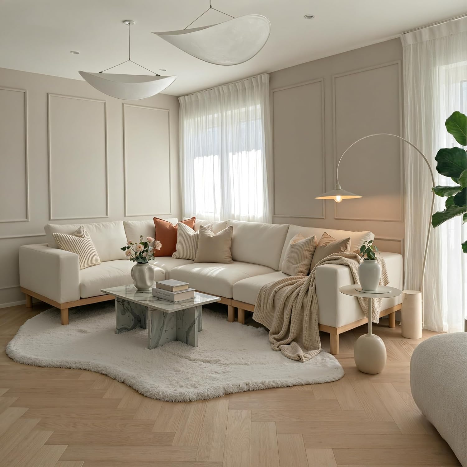 Acanva Minimalist Modular Sectional Sofa for Living Room, Wide & Deep Seat Convertible Furniture Set with Metal Frame and Movable Covers, Armless Chair, Off White