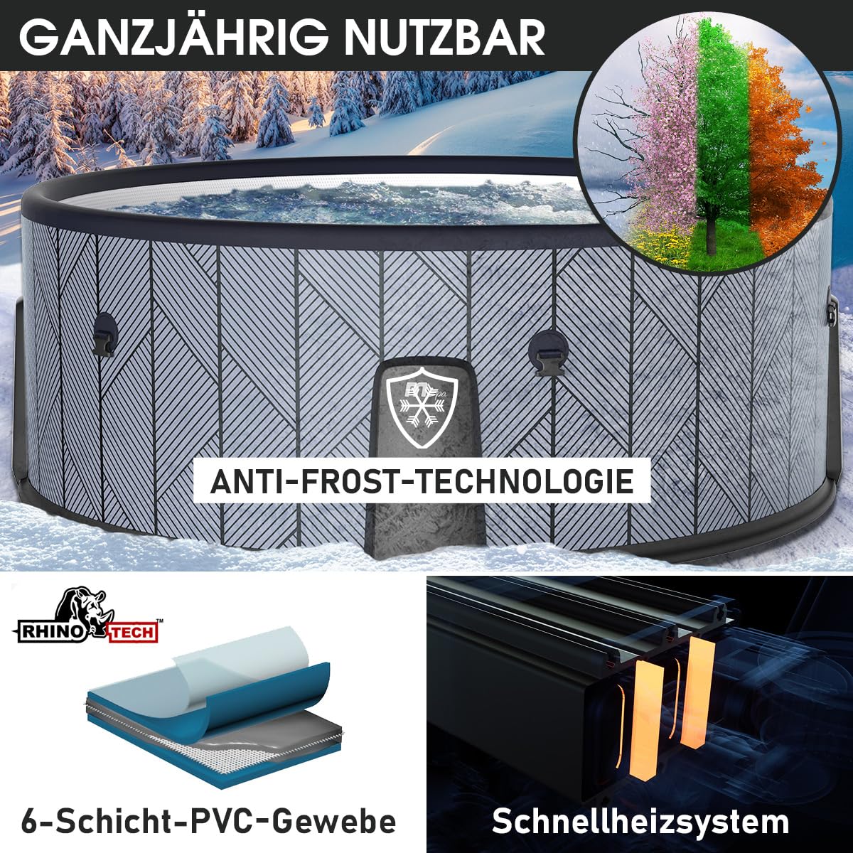 BRAST Whirlpool aufblasbar MSpa Tidal für 6 Personen | Ø173x65cm | 138 Massagedüsen in 3 Intensitäten | In- Outdoor Pool | Ganzjähriger Einsatz Winterfest | einfache Steuerung per App