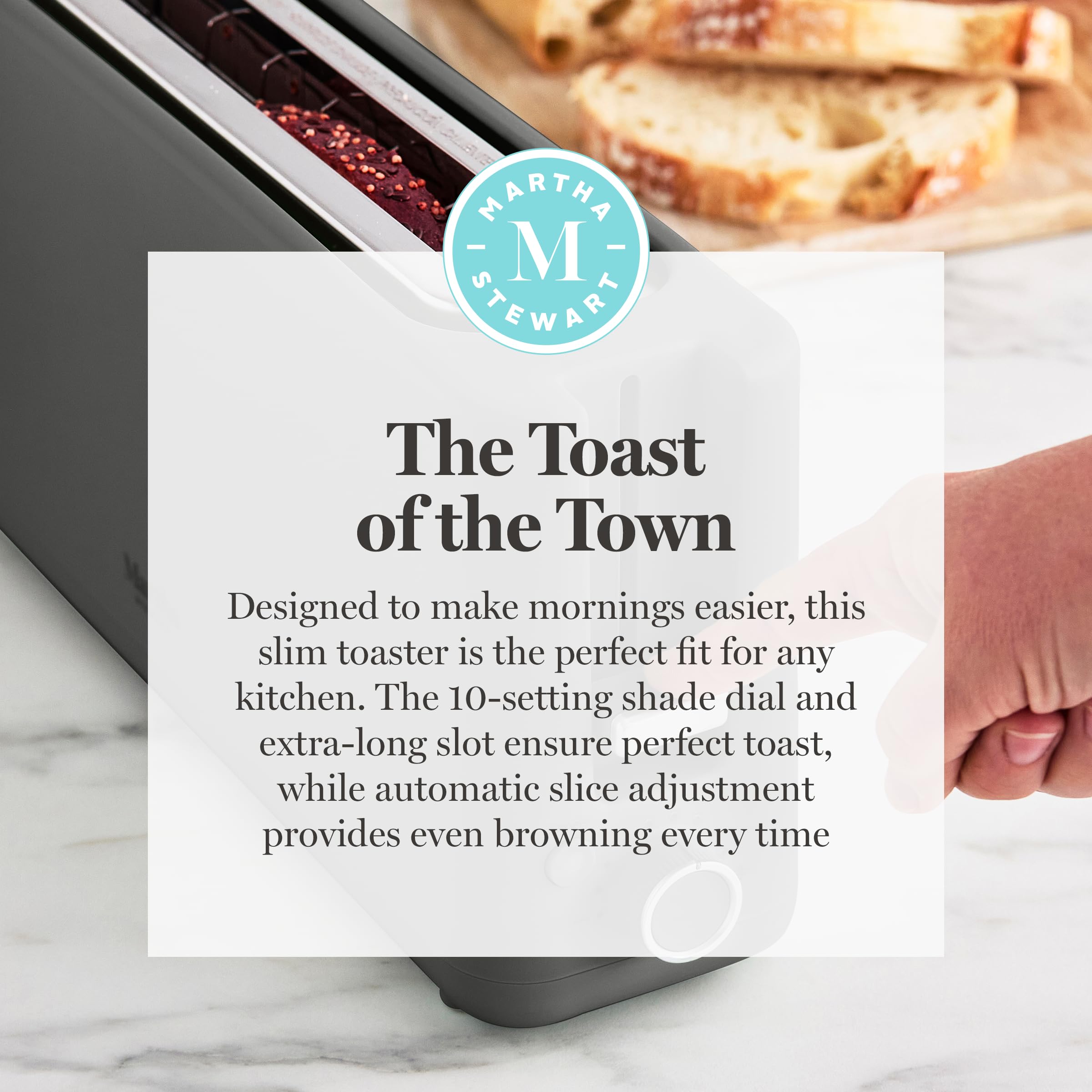 Martha Stewart 2 Slice Long Slot Toaster, Extra Wide for Sourdough & Bagels, 10 Setting Shade Control, Removable Crumb Tray, Self-Centering Design, Defrost/Reheat, Cancel, Slim Space-Saving, Caviar — view 11