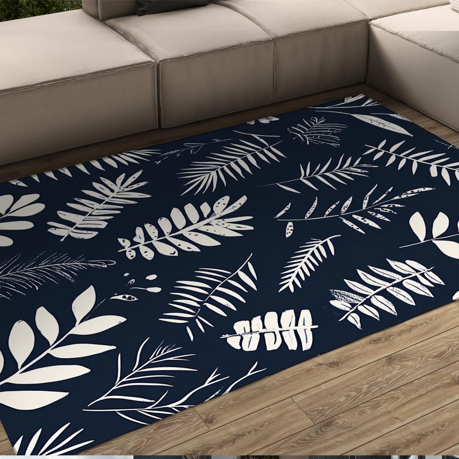 Duży dywan z liści botanicznych niebiesko-biały dywan z krótkim włosiem do salonu sypialnia kuchnia restauracja taras zmywalny antypoślizgowy 120x200cm