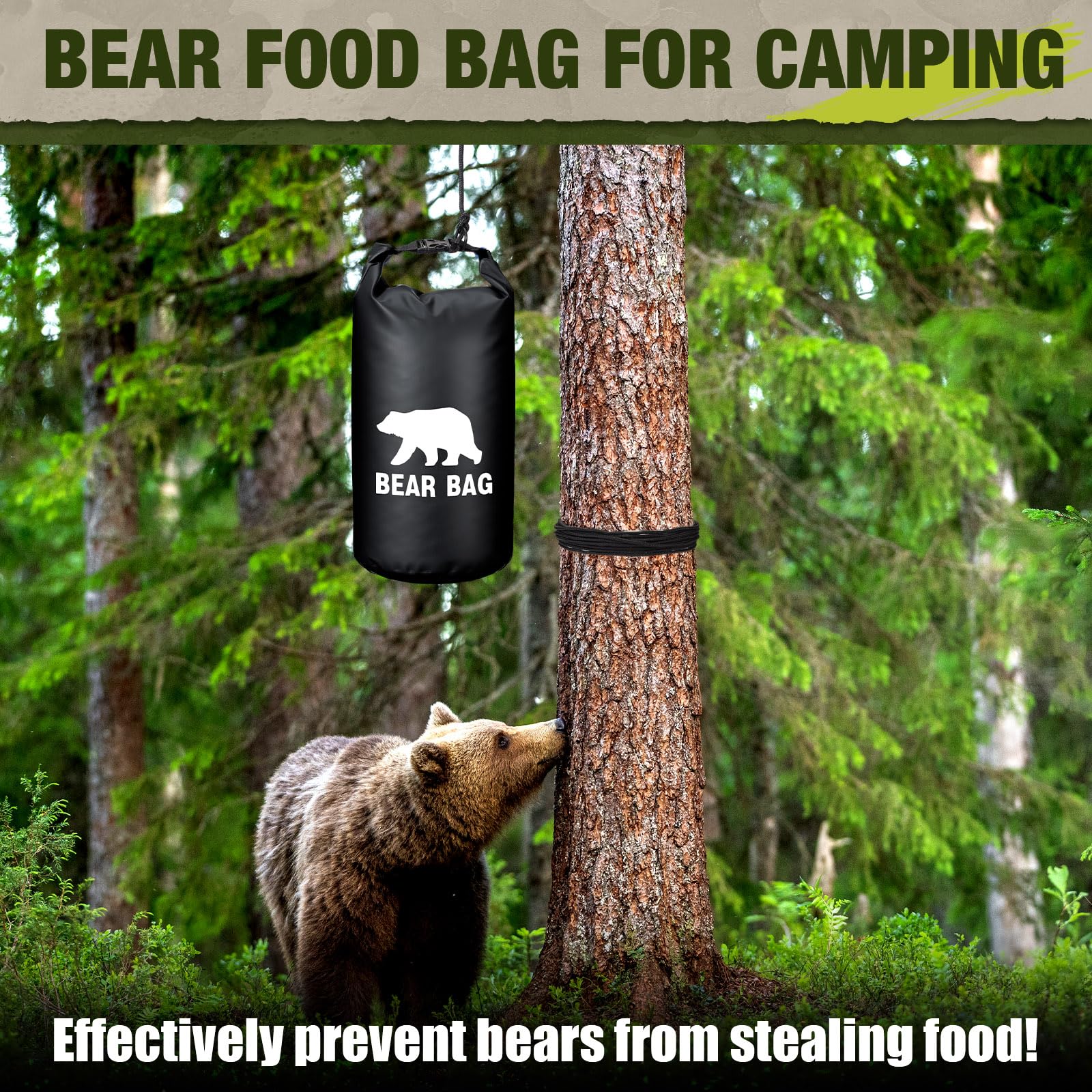 Foilswirl 1 Set Bear Food Bag for Camping Ultralight Food Bag Hanging System Includes Waterproof Bear Bag, Nylon Ropes, Hooks for Camping Backpacking (Black,20L)