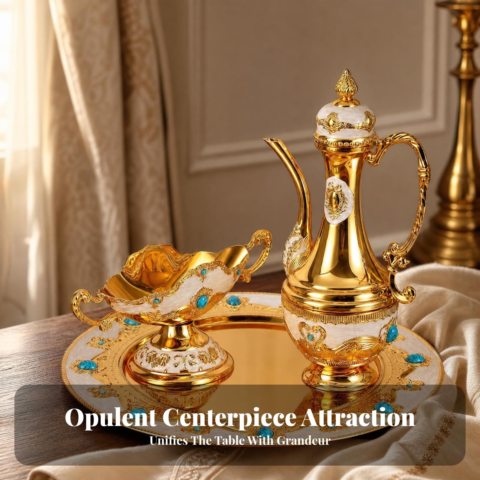 Jarra Tapada Centro Espejado Set Ornamental Estilo Tradicional Bandeja Redonda para Servir Bebidas, Dorado Y Azul