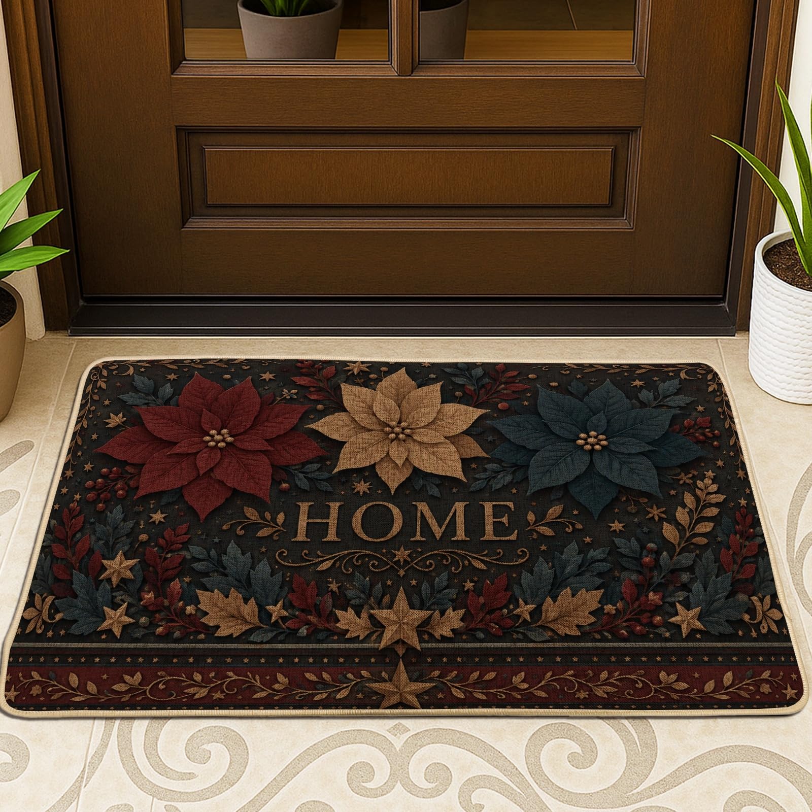 Paillasson Poinsettia 74x43 cm antidérapant en caoutchouc pour entrée