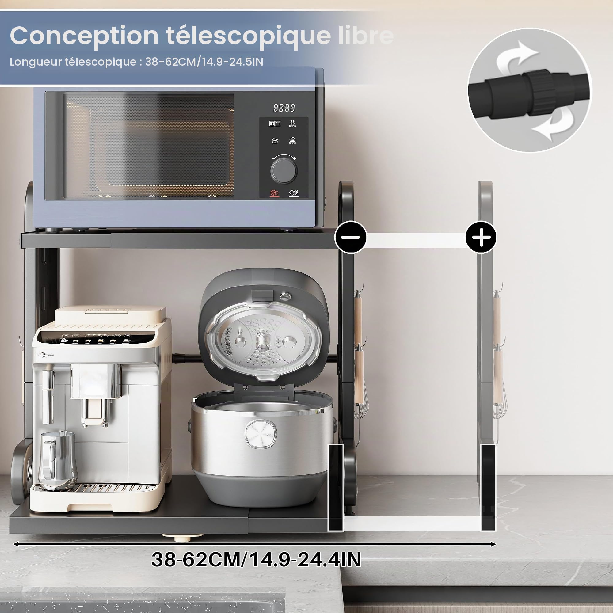Étagère de Rangement Extensible pour Micro-Ondes, 2 Niveaux Étagère de Cuisine Réglable en Métal et 6 Crochets, Support pour Four, Microwave Oven Storage Rack (Noir)