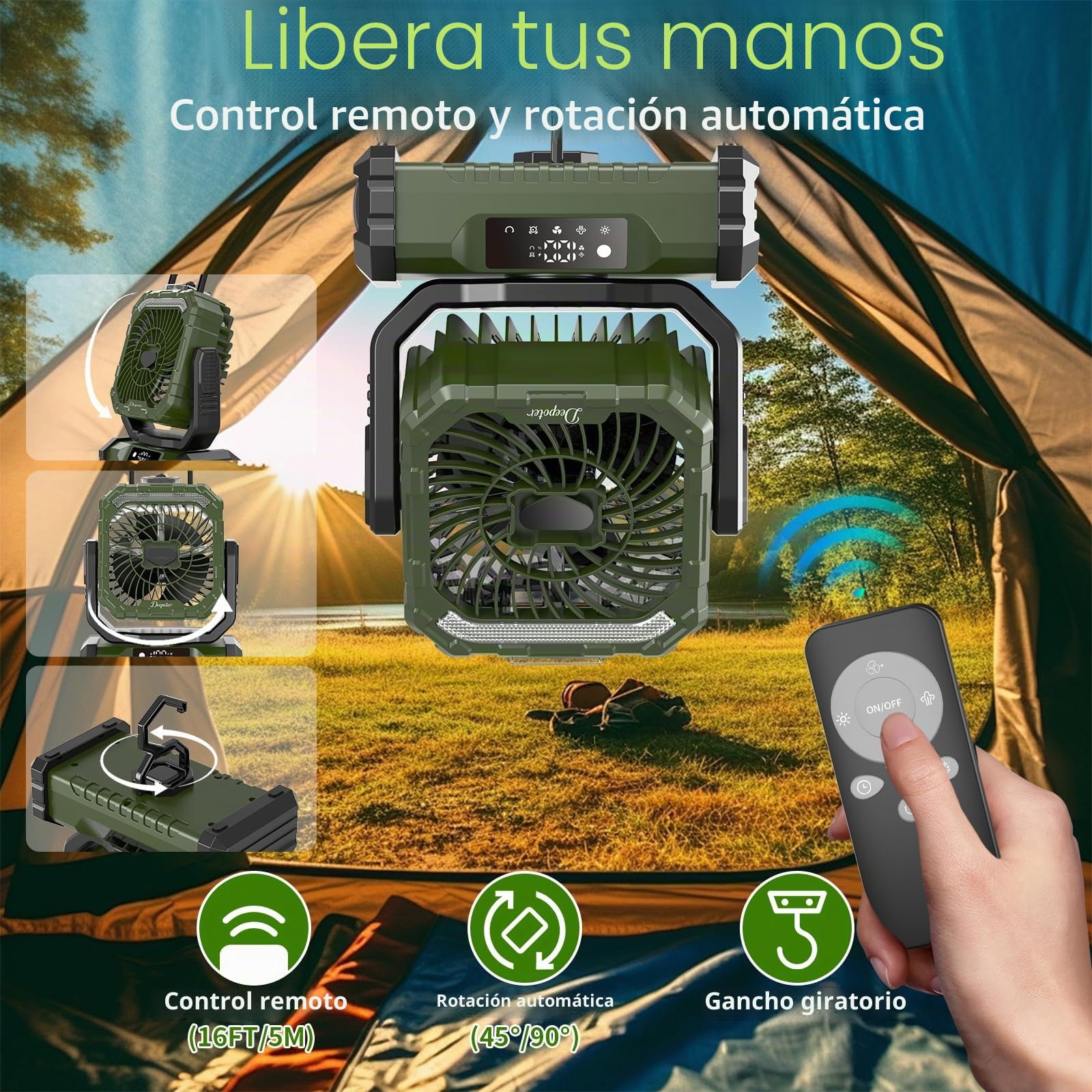 Ventilador Camping 20000mAh con Nebulizador, Ventilador Portátil Recargable Escritorio con Luz LED, Control Remoto y Gancho para Ufficio, Tienda, Exterior Viajes, Spiaggia, Pesca - Verde