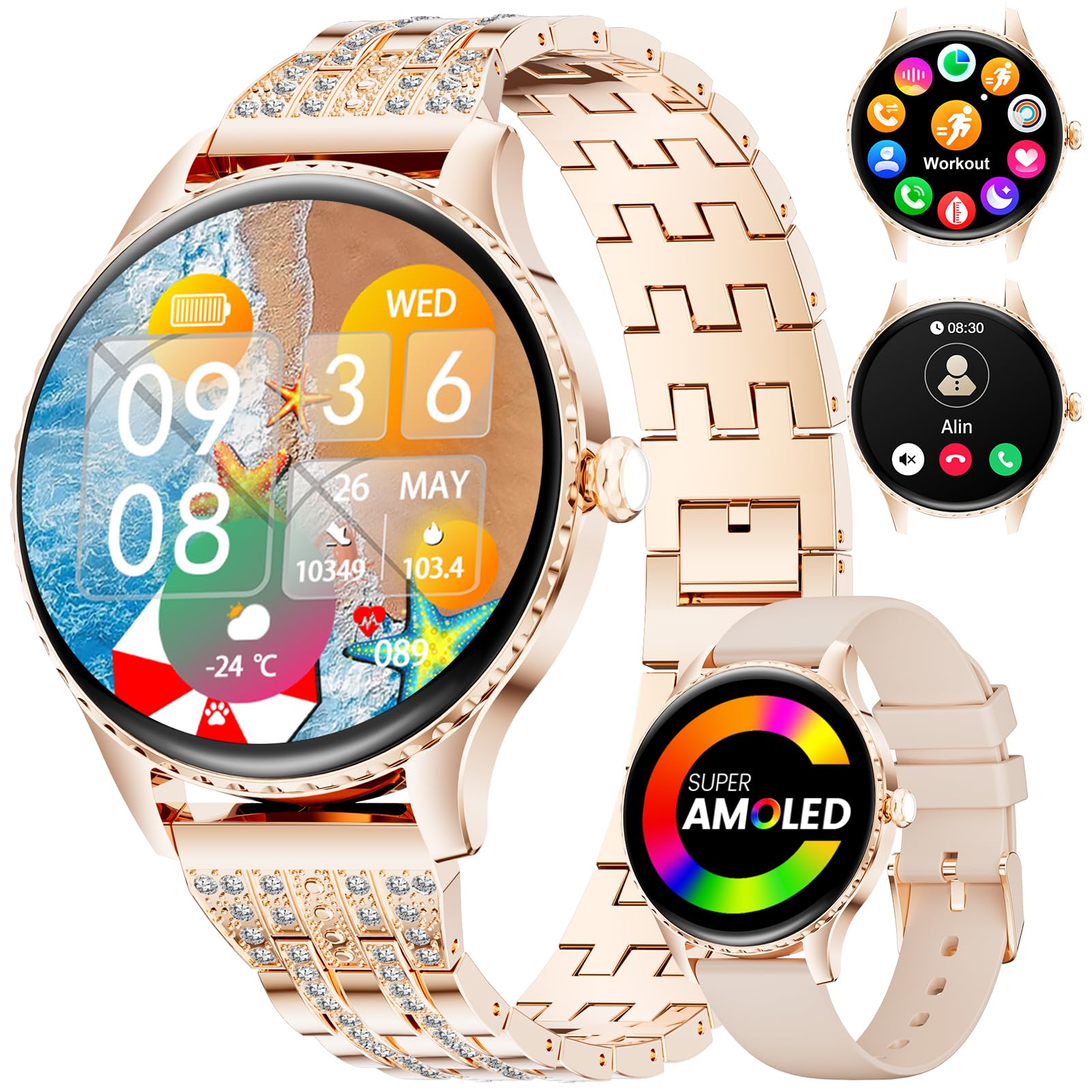LIGE Reloj Inteligente Mujer con Llamadas Bluetooth, Ultrafino 1.32" AMOLED Smartwatch con 24H Frecuencia Cardíaca, Sueño Monitor para Android iOS, 100+ Deportes, IP68 Impermeable (FV22-A)