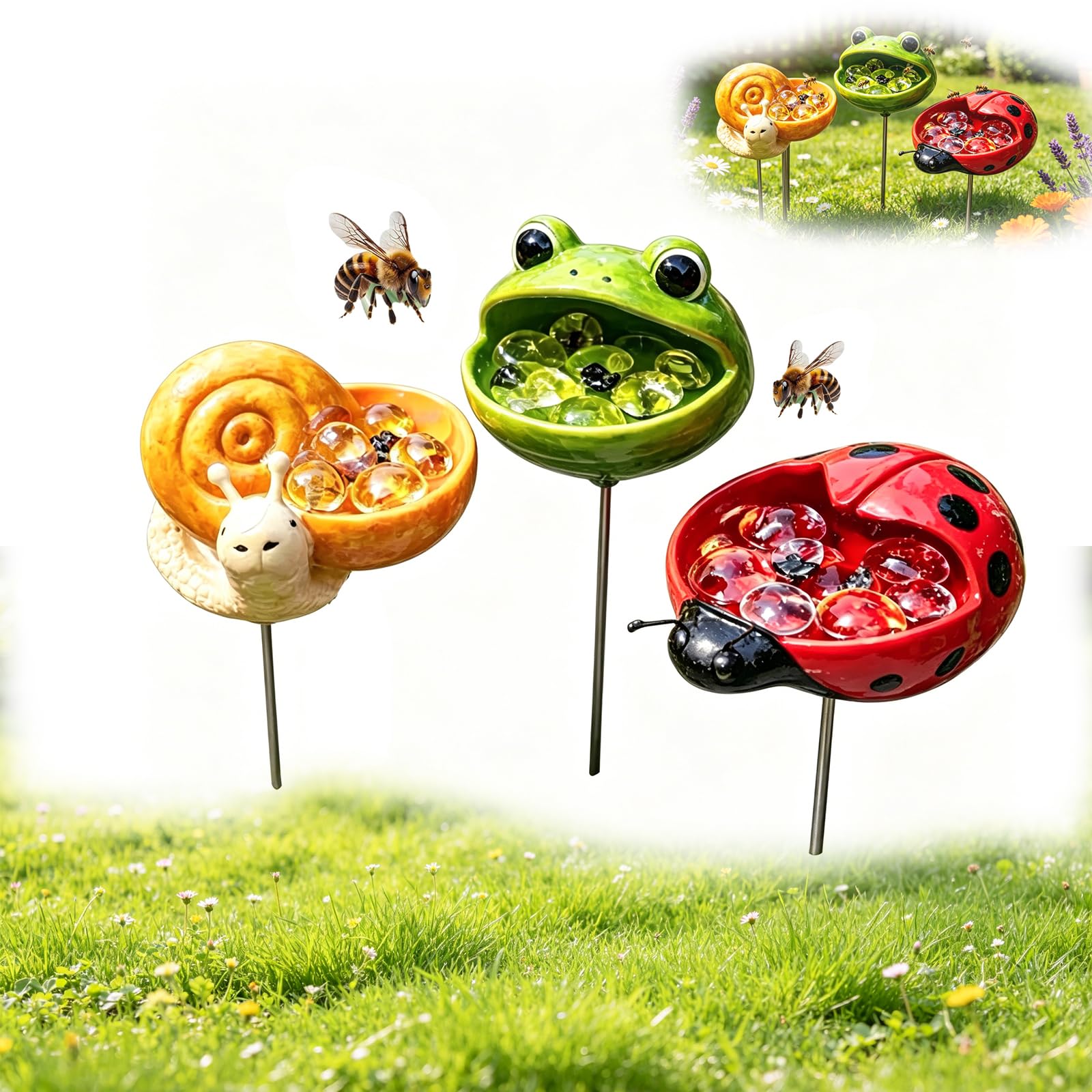 Stazioni di irrigazione uniche per animali, stazione di irrigazione in resina per api da giardino, ciotola decorativa per uccelli, api, farfalle e impollinatori, cortile, patio, prato, giardino (set