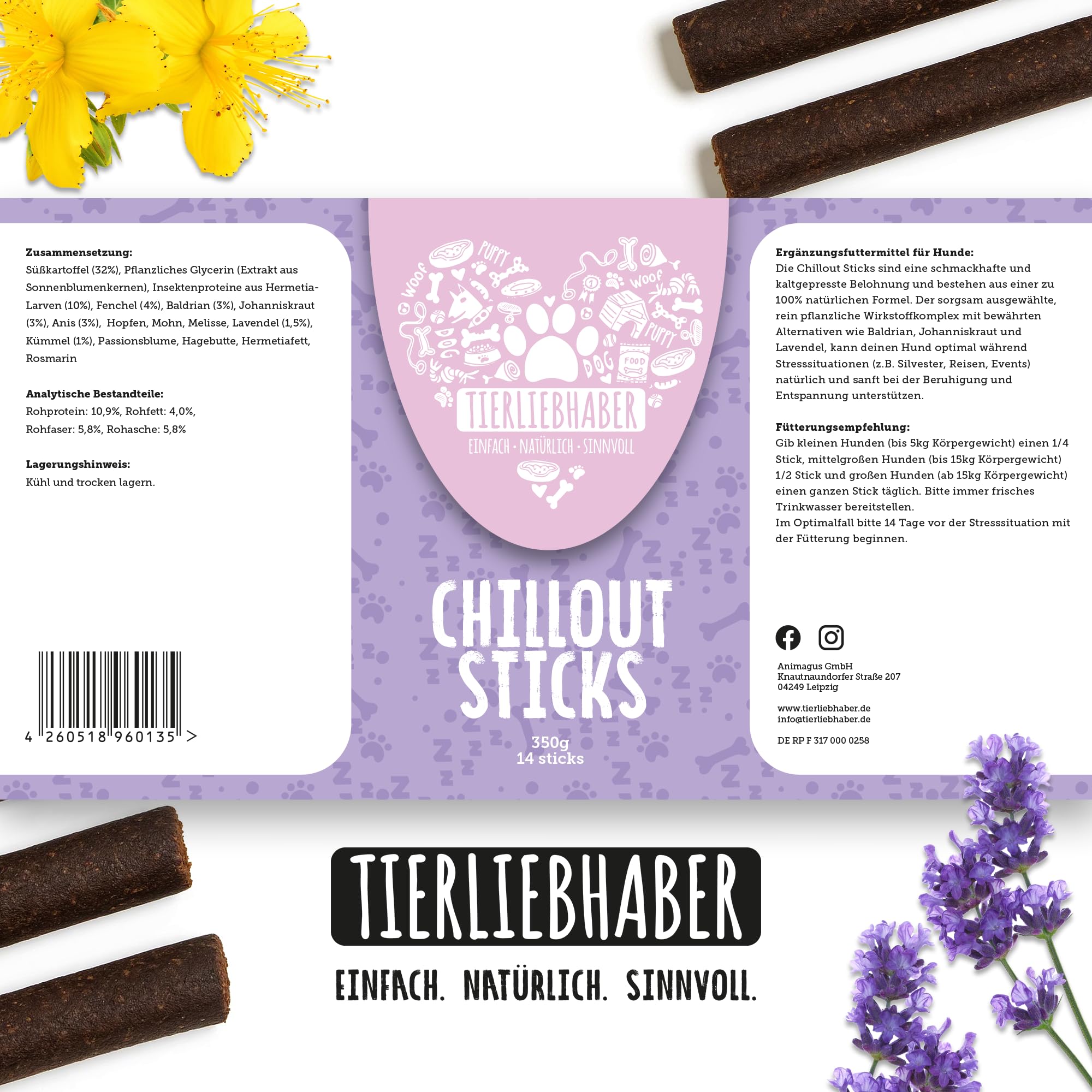 TIERLIEBHABER - Chillout Sticks 350 g (14 Sticks) Natürliche Unterstützung & Entspannung für Hunde – Sanfte Beruhigungshilfe bei Stress, Autofahrt & Silvester – Hundeleckerli & Anti-Stress Snacks