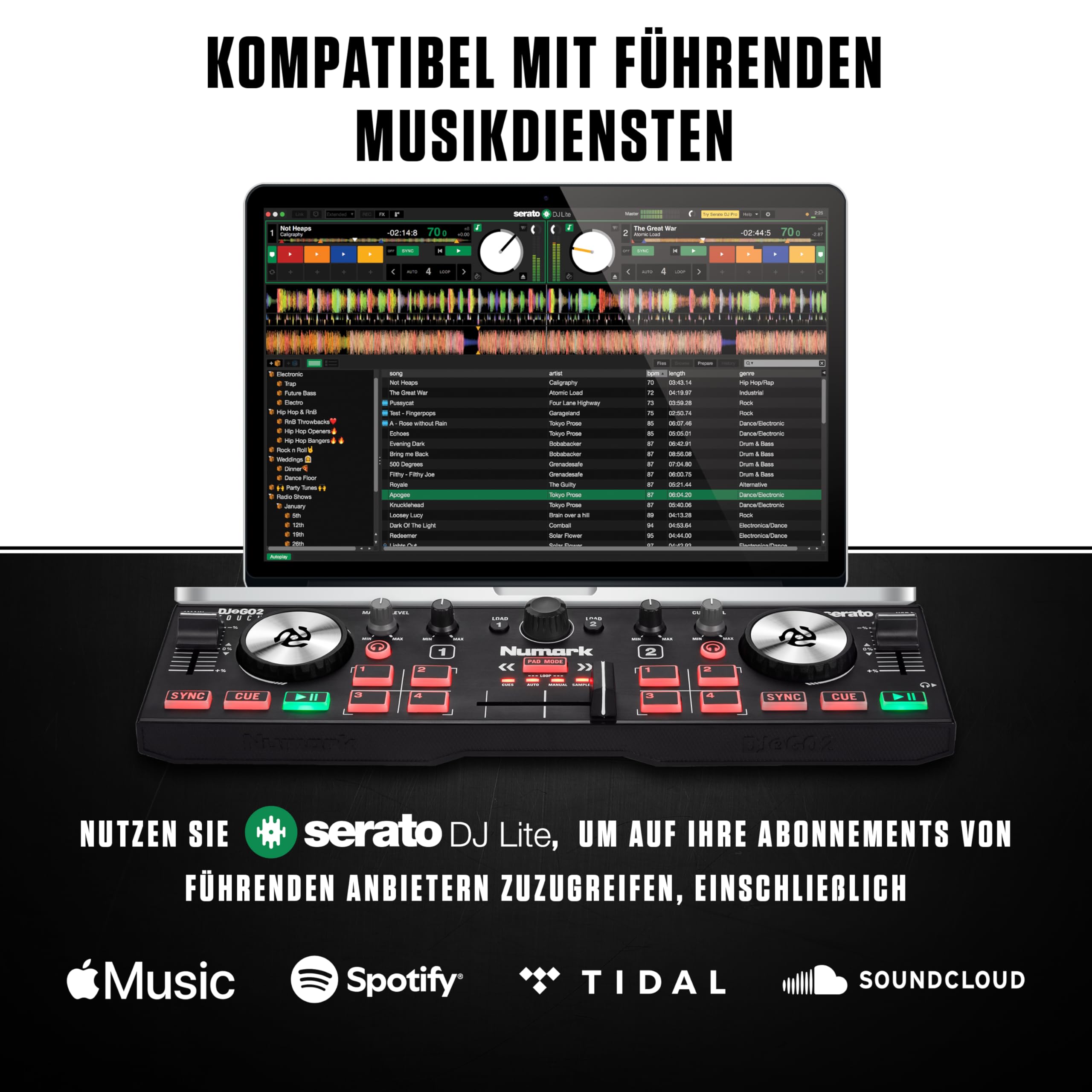 Numark DJ2GO2 Touch Kompakter DJ-Controller | Tragbar, 2-Deck, DJ-Mixer, Touch-kapazitive Wheels, Integriertes Audio-Interface und Serato DJ Lite, Gen 3