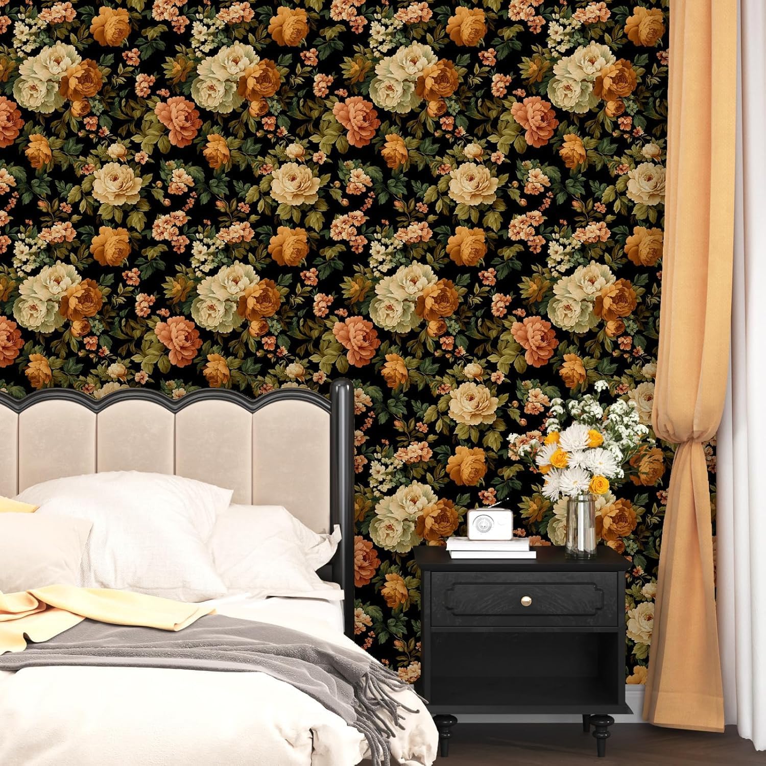Fvlow Black Green Floral Wallpaper Peel and Stick 17.4" x 394" Dark Rose Moody Contact Paper Waterproof Self Adhesive Covering for Bedroom Bathroom Kitchen Abstract Art Home Decor