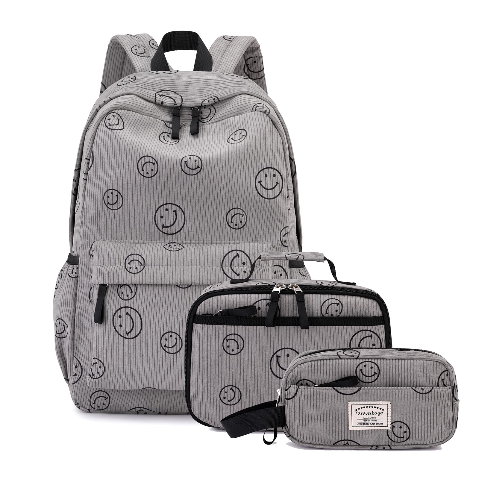 Tanweibago Backpack for Girls Boy Teen Corduroy Bookbags Elementary Middle High School Women Laptop Bag with Lunch Box Pencil Bag (Smile Grey)