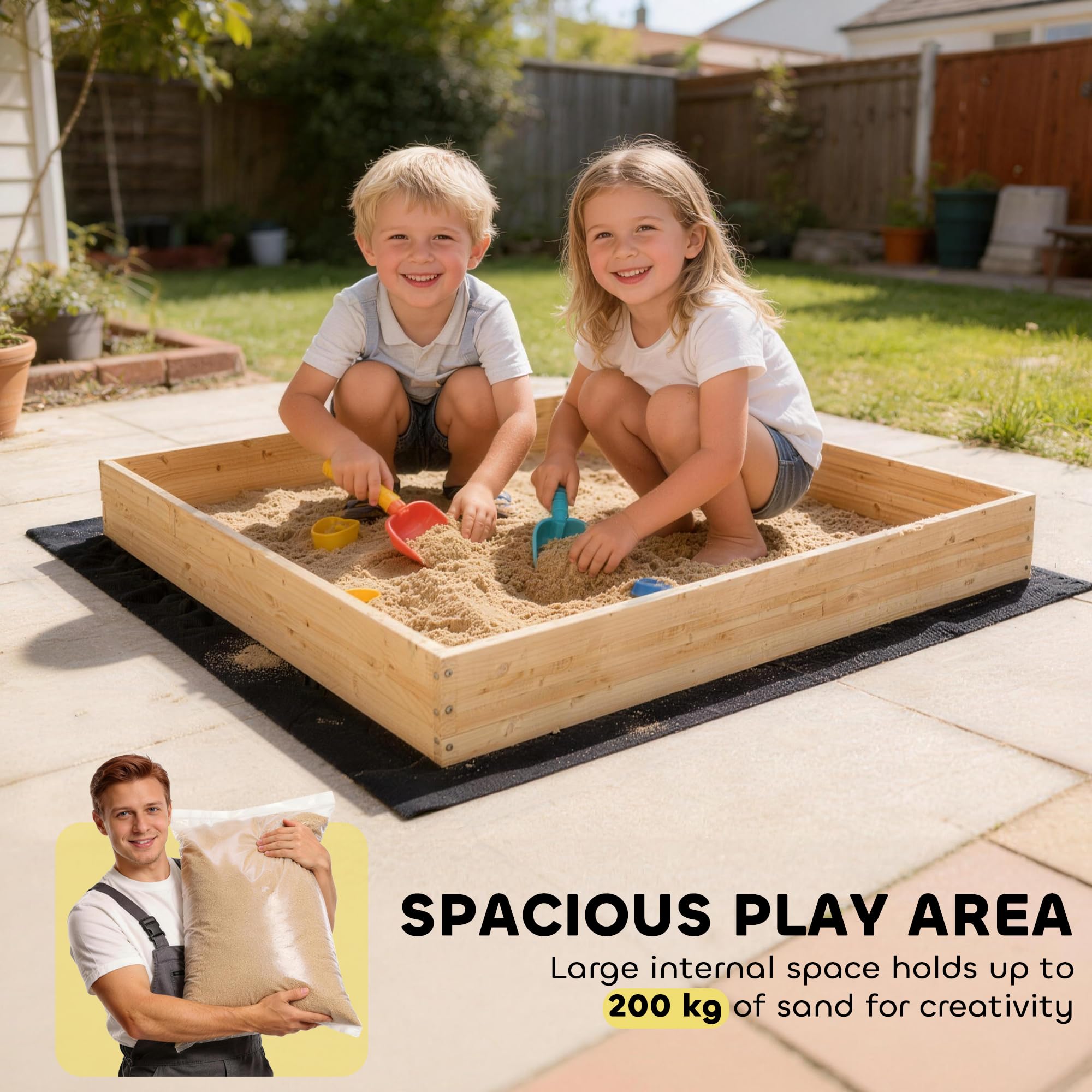 Qaba Caja de arena de madera con excavadora, caja de arena para niños al aire libre con asiento giratorio de 360°, pozo de arena de madera de abeto con forro inferior para niños de 3 a 6 años, 72 x 35