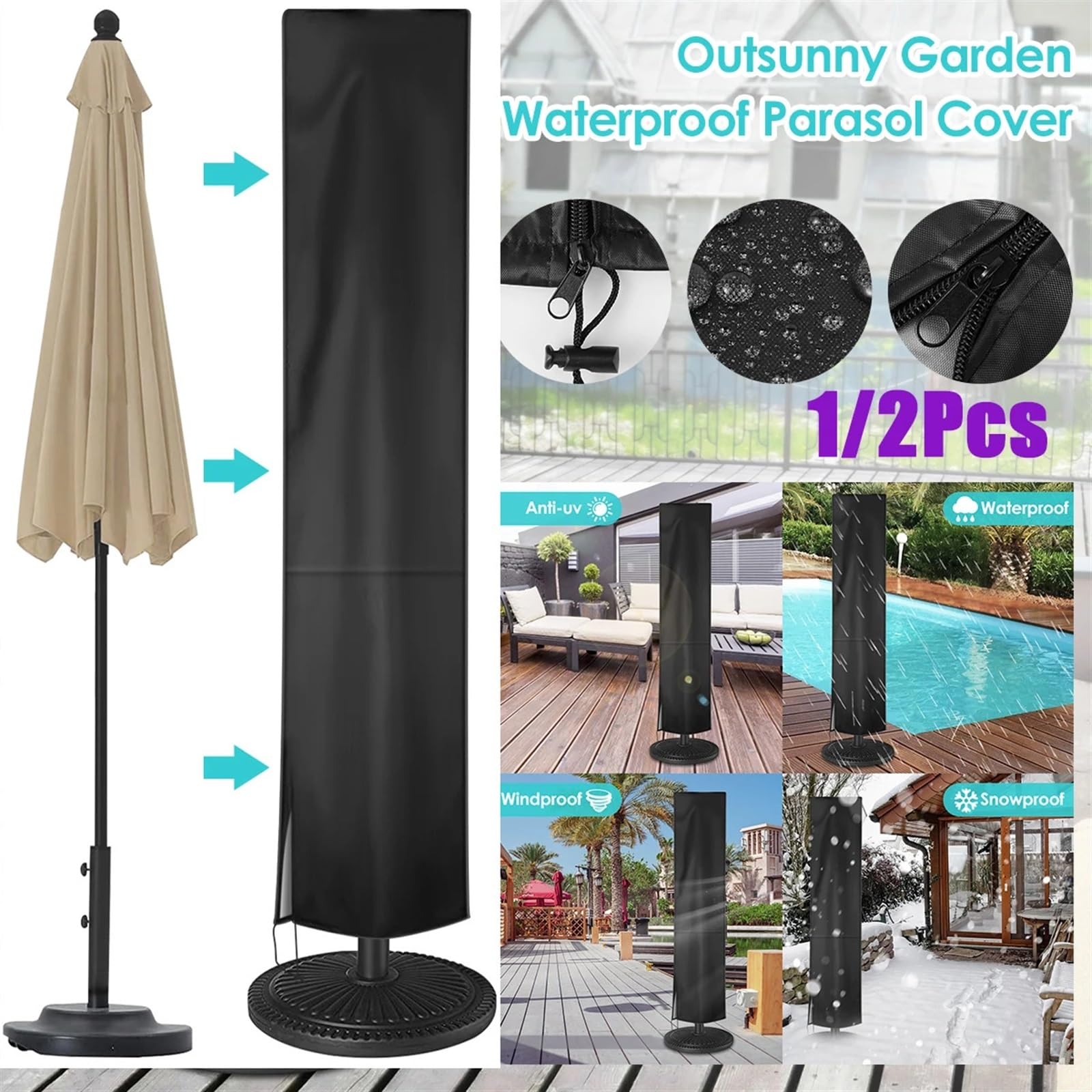 Schutzhülle für Sonnenschirm Wasserdichte Oxford Tuch Outdoor Sonnenschirm Regenschirm Abdeckung Gerade Terrasse Schutz(2Pcs)