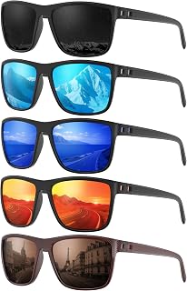 Square Polarized Sunglasses for Men, 5 Pack Lightweight UV Protection Sun Glasses for Driving Fishing Golf (Black/Ice Blue/Blue/Red/Brown)