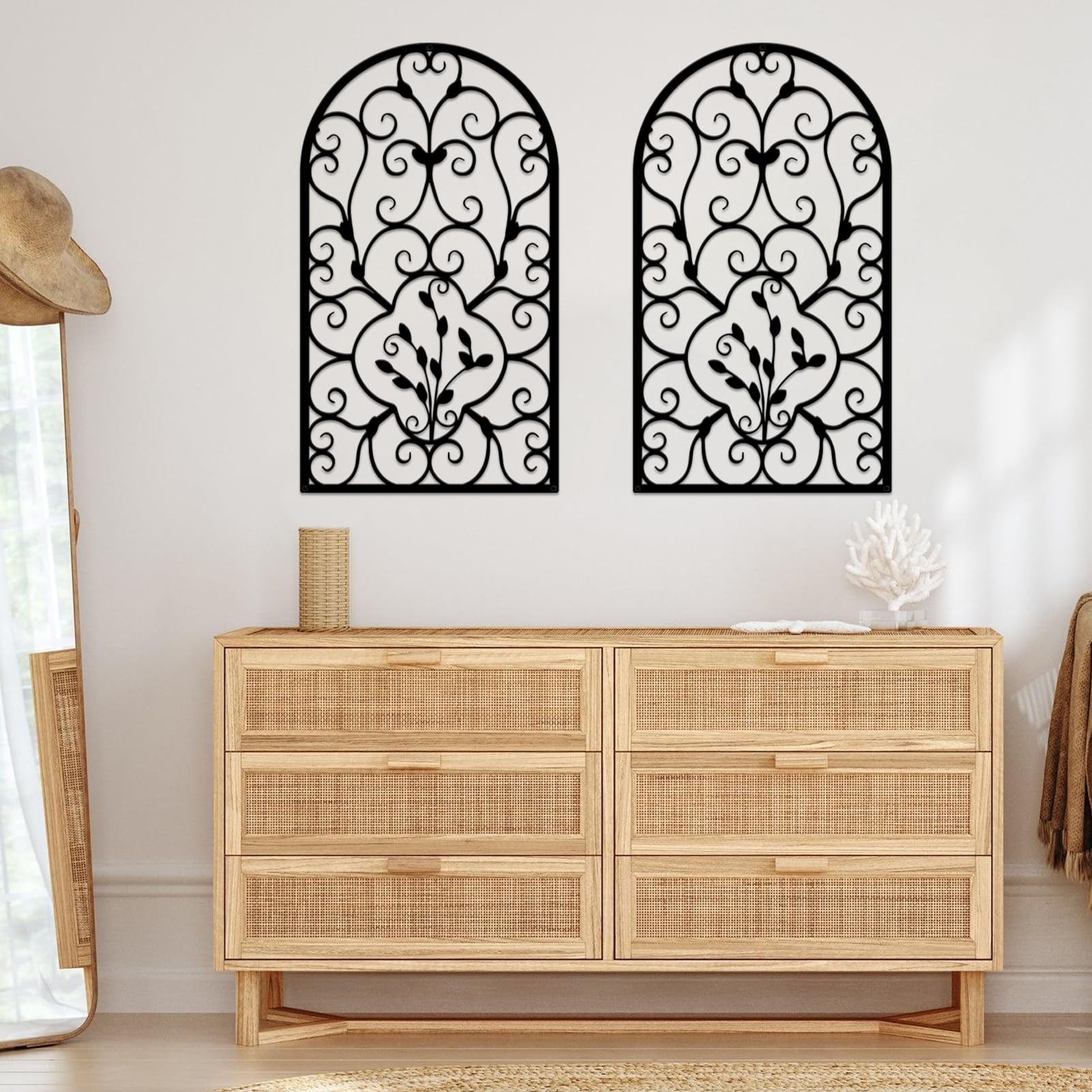 Resama 2 Pcs Scroll Home Wall Decor, Rustic Metal Wall Decor Window Arch Design Modern Farmhouse Wall Sculptures Hanging for Living Room Bedroom