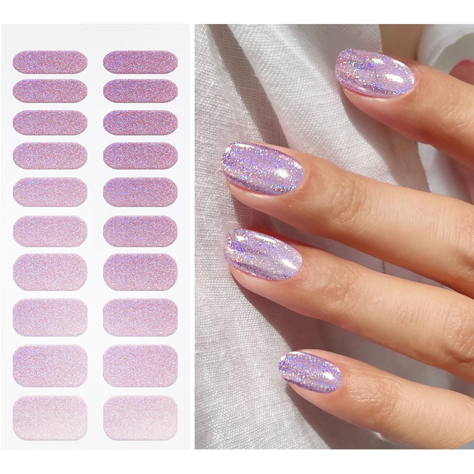 JMEOWIO Gel Nail Strips Light Purple Glitter Semi Cured UV/LED Nails Art Design Decoration Accessories, Purple Pink Glitter