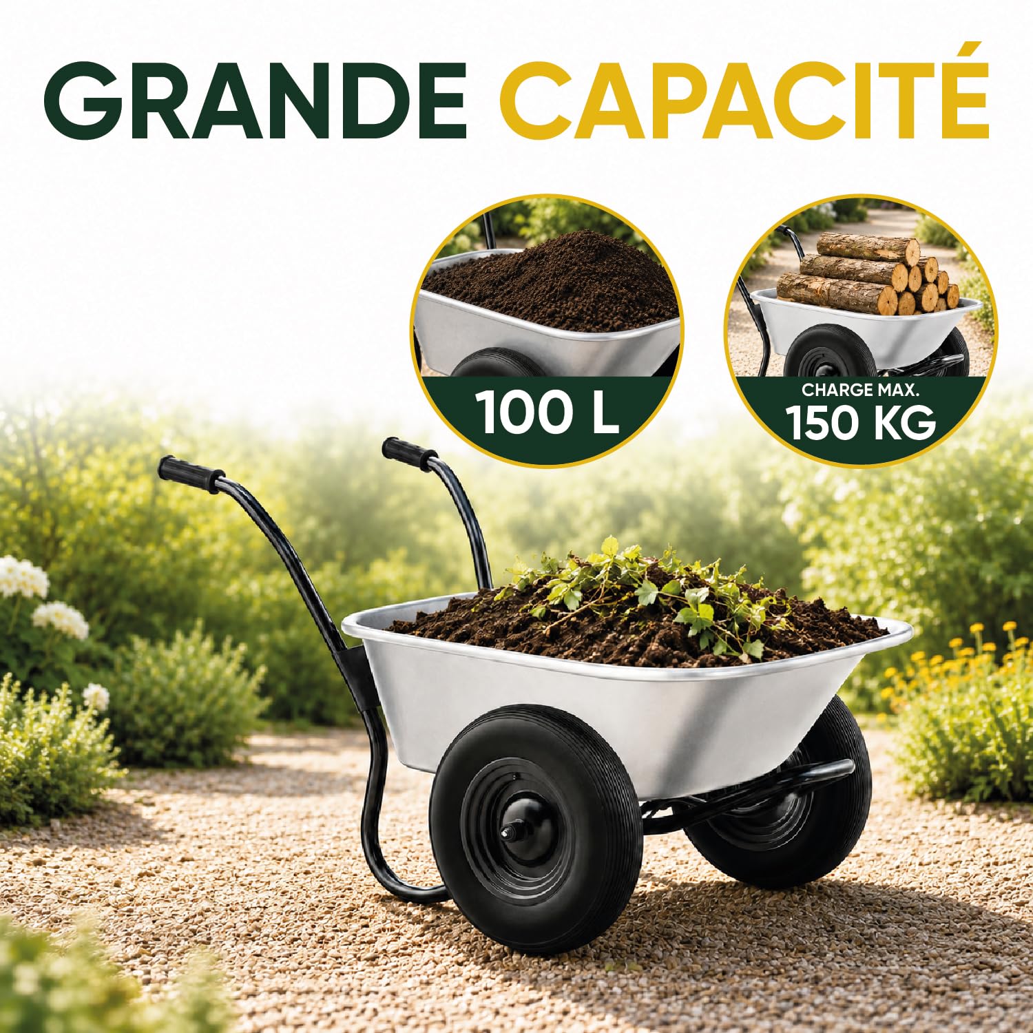 Carriola a 2 ruote ultra stabile, serbatoio in acciaio zincato da 100 l, carico max. 150 kg - Telaio tubolare rinforzato - Giardinaggio e lavori esterni
