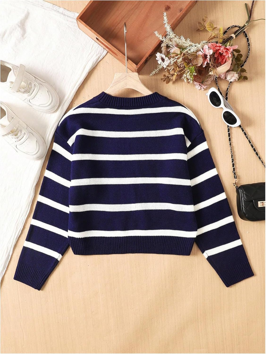 MakeMeChic Girl's Striped Sweater Long Sleeve Colorblock Roundneck Drop Shoulder Knit Loose Pullovers - Image 2