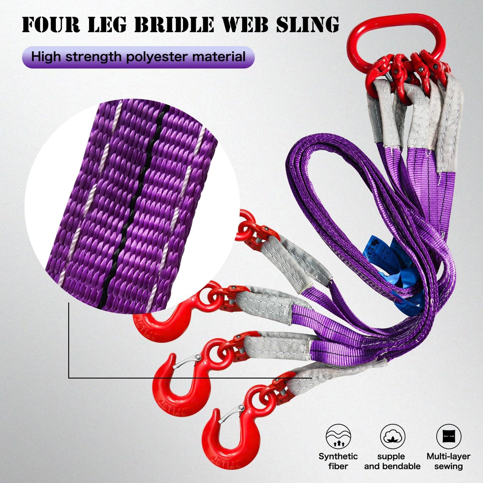 Élingue De Levage À Quatre Brins avec Crochets en Acier Allié, Sangles De Levage Violettes for Un Remorquage Et Une Manutention en Toute Sécurité des Marchandises(4legLoad2t3M)