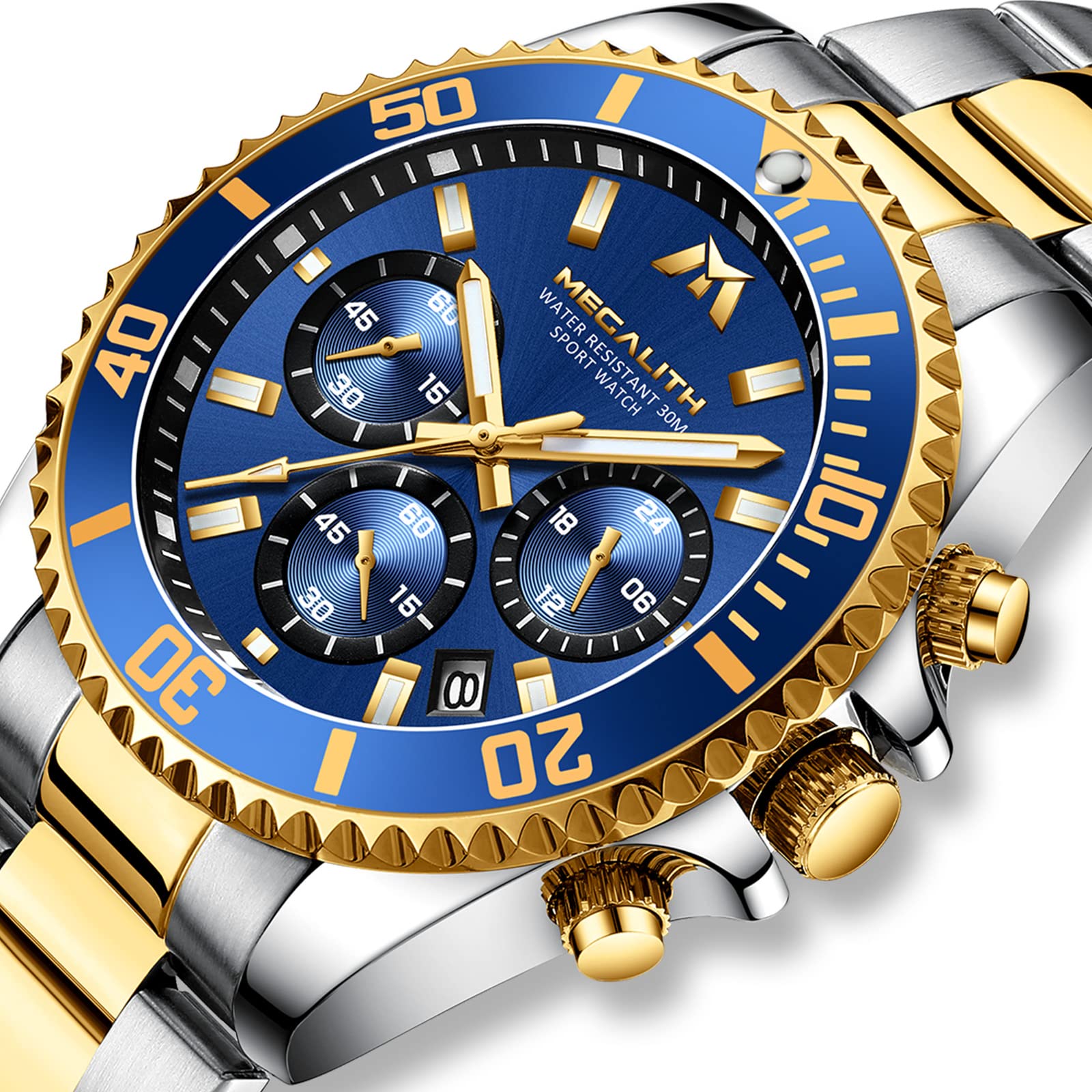 MEGALITH Orologio Uomo Cronografo Acciaio: Elegante Analogico Data Luminose | Orologi Vestito da Polso Quadrante Grande per l'Uso Quotidiano Lavoro - Regalo per Padre Marito Natale Anniversari Matrimonio